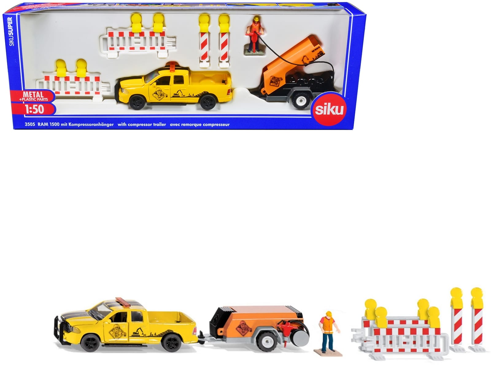 Ram 1500 Pickup Truck Yellow with Compressor Trailer and Worker Figure with Accessories Set 1/50 Diecast Models by Siku - Image 5