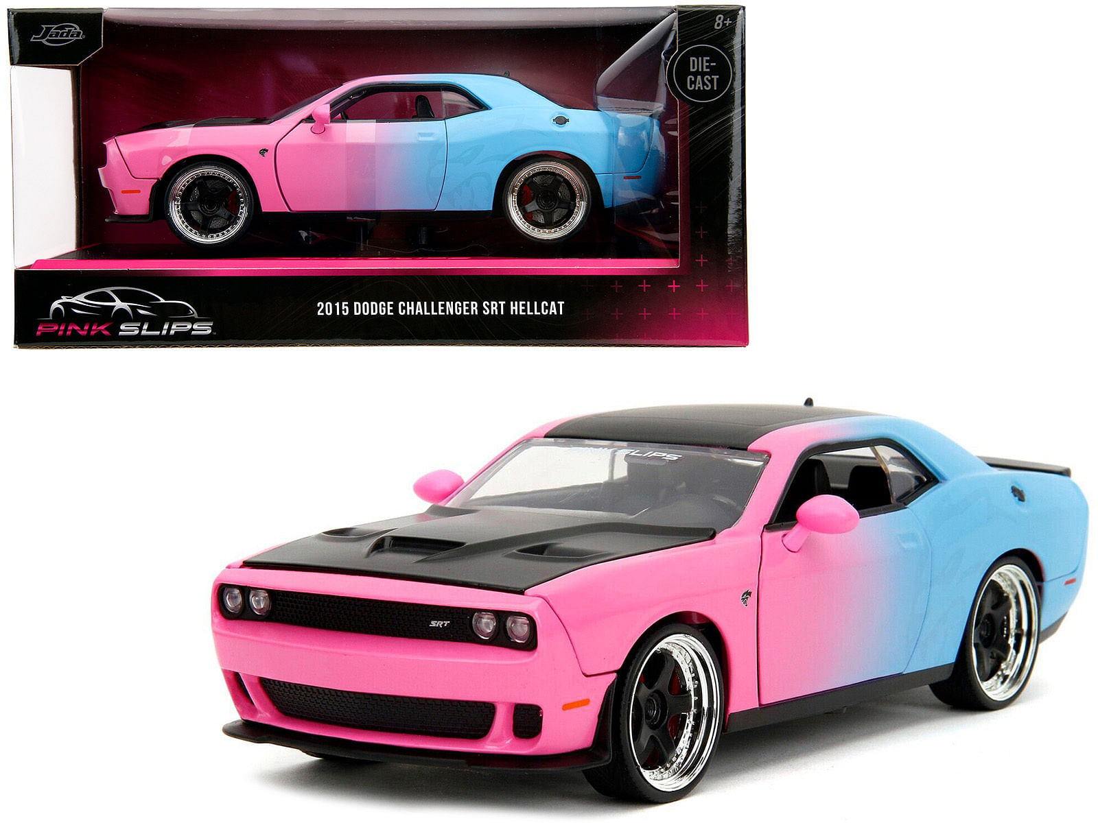 2015 Dodge Challenger SRT Hellcat Pink and Blue Gradient with Matt Black Hood and Top “Pink Slips” Series 1/24 Diecast Model Car by Jada