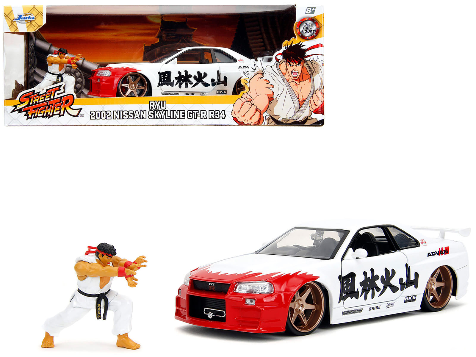 2002 Nissan Skyline GT-R (R34) RHD (Right Hand Drive) White with Red Graphics and Ryu Diecast Figure "Street Fighter" Video Game "Anime Hollywood Rides" Series 1/24 Diecast Model Car by Jada - Image 4