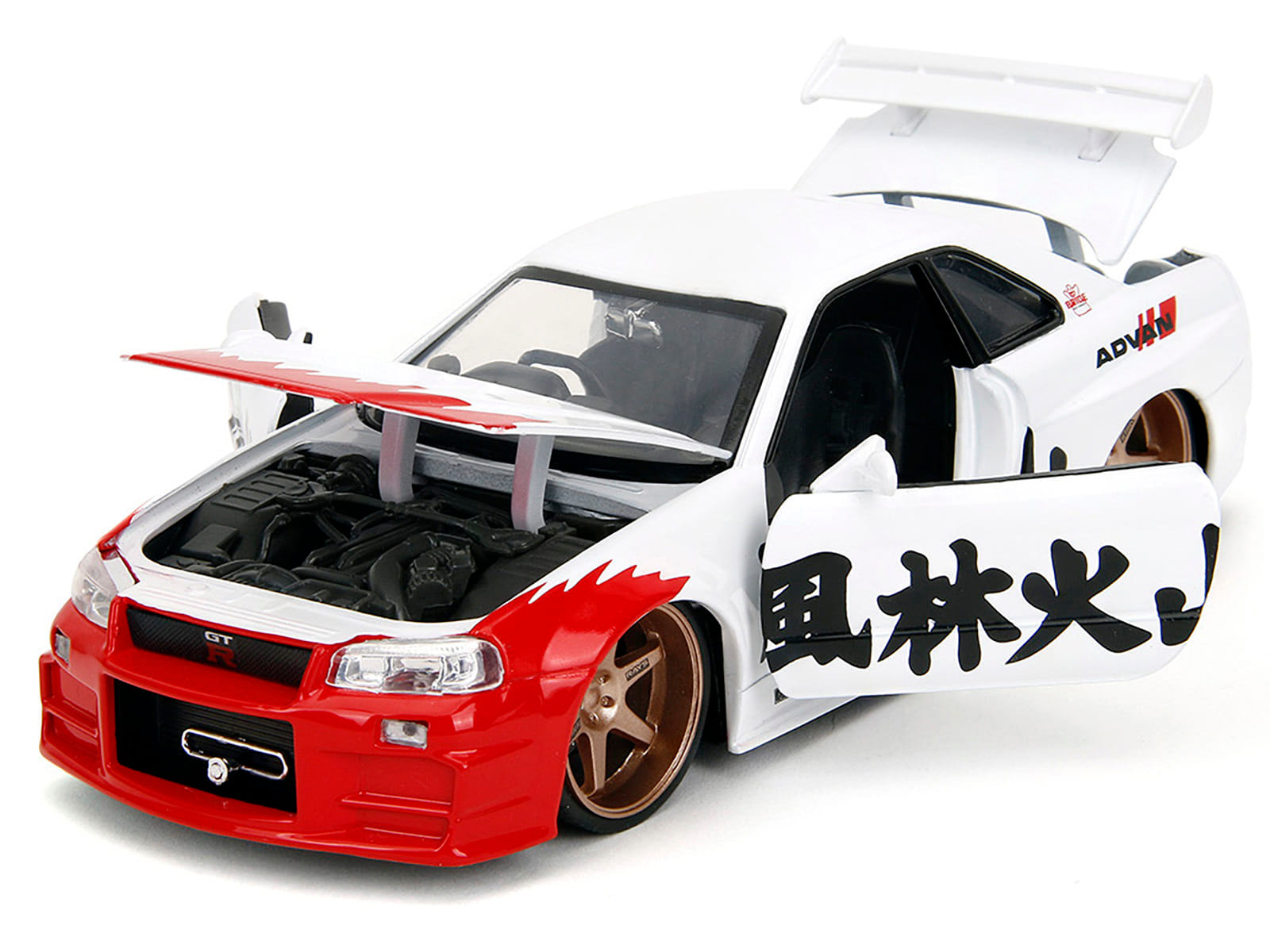 2002 Nissan Skyline GT-R (R34) RHD (Right Hand Drive) White with Red Graphics and Ryu Diecast Figure "Street Fighter" Video Game "Anime Hollywood Rides" Series 1/24 Diecast Model Car by Jada - Image 5