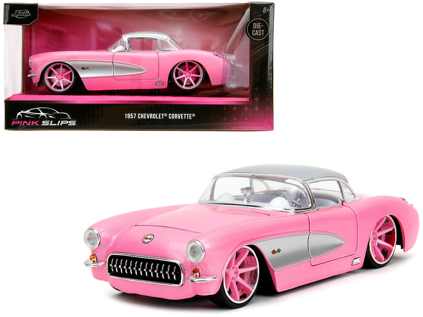 1957 Chevrolet Corvette Pink Metallic with Silver Top and White Interior “Pink Slips” Series 1/24 Diecast Model Car by Jada