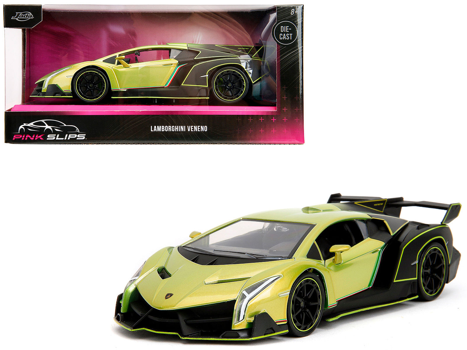 Lamborghini Veneno Lime Green Metallic and Matt Black “Pink Slips” Series 1/24 Diecast Model Car by Jada