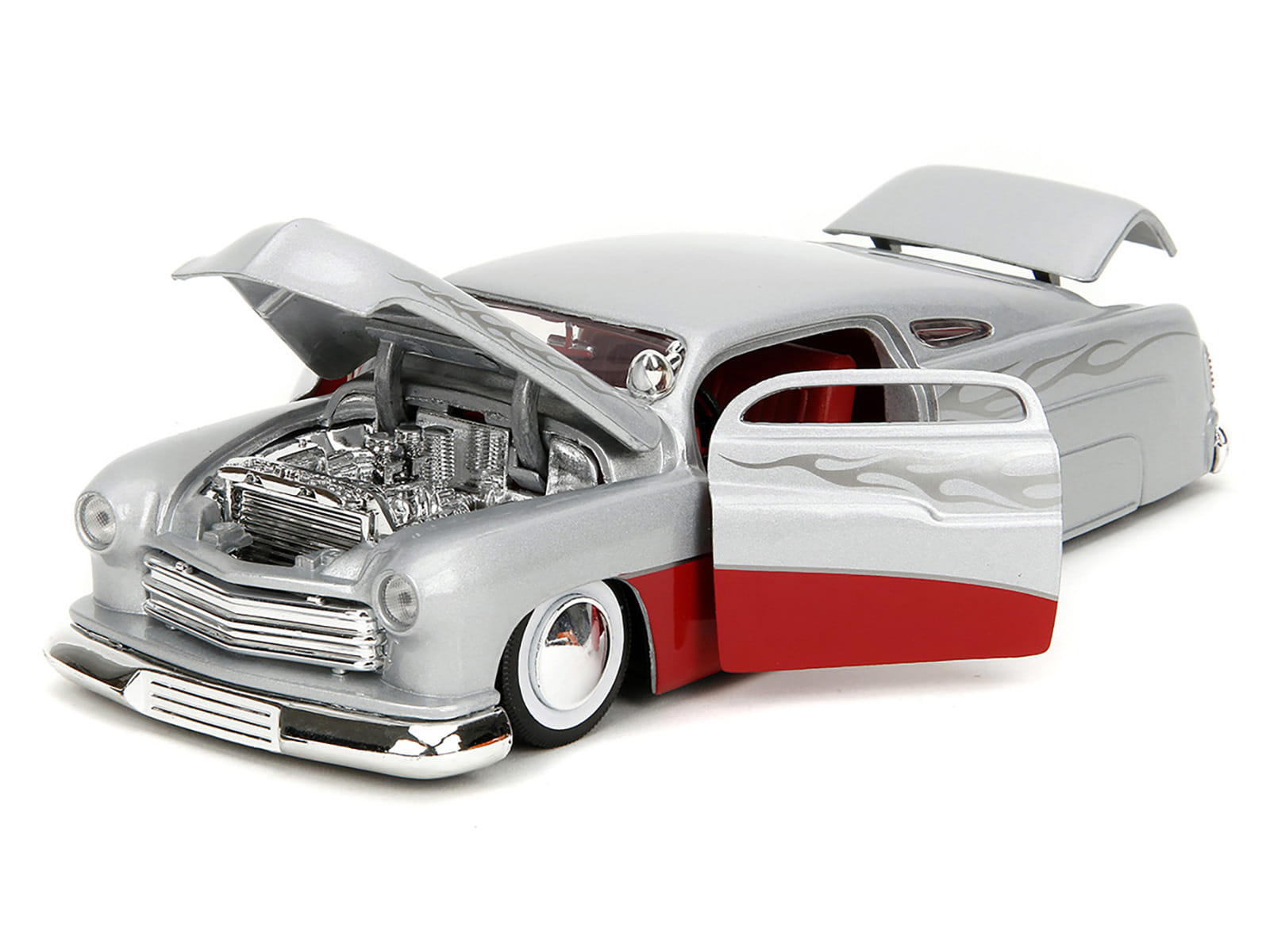 1951 Mercury Silver Metallic and Red with Flame Graphics and Red Interior "Bigtime Muscle" Series 1/24 Diecast Model Car by Jada - Image 3