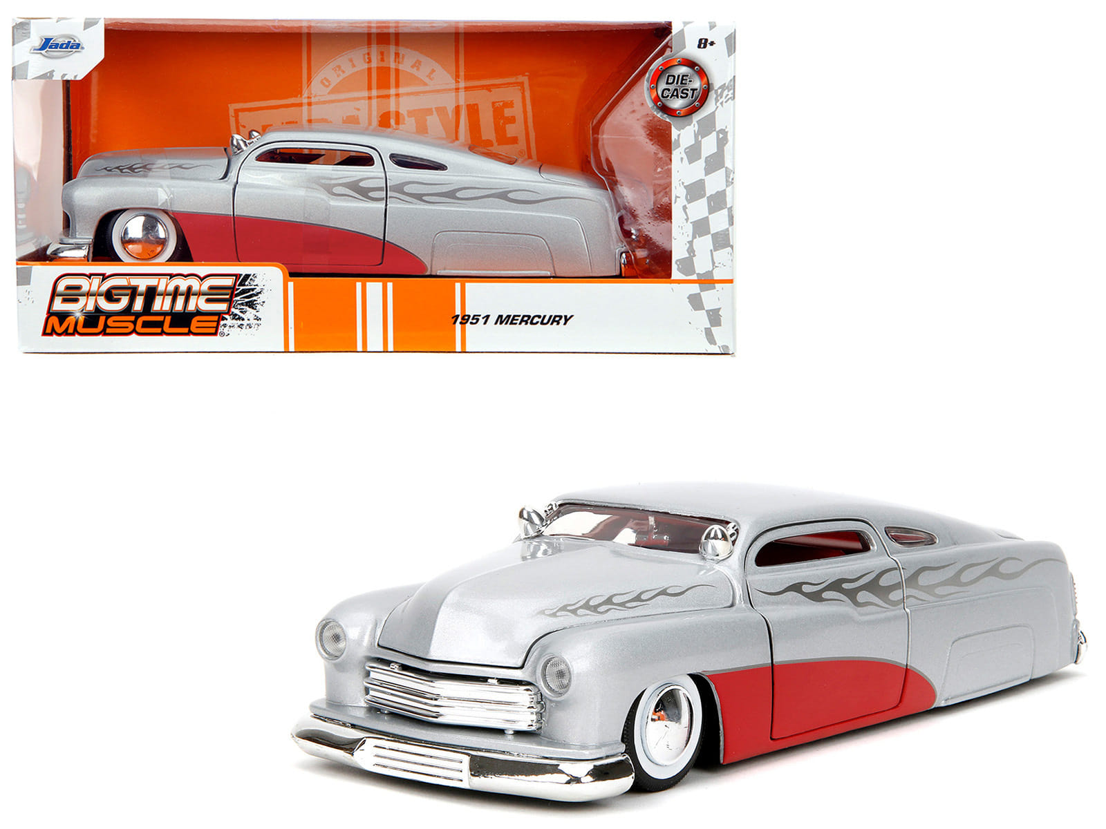 1951 Mercury Silver Metallic and Red with Flame Graphics and Red Interior "Bigtime Muscle" Series 1/24 Diecast Model Car by Jada - Image 4