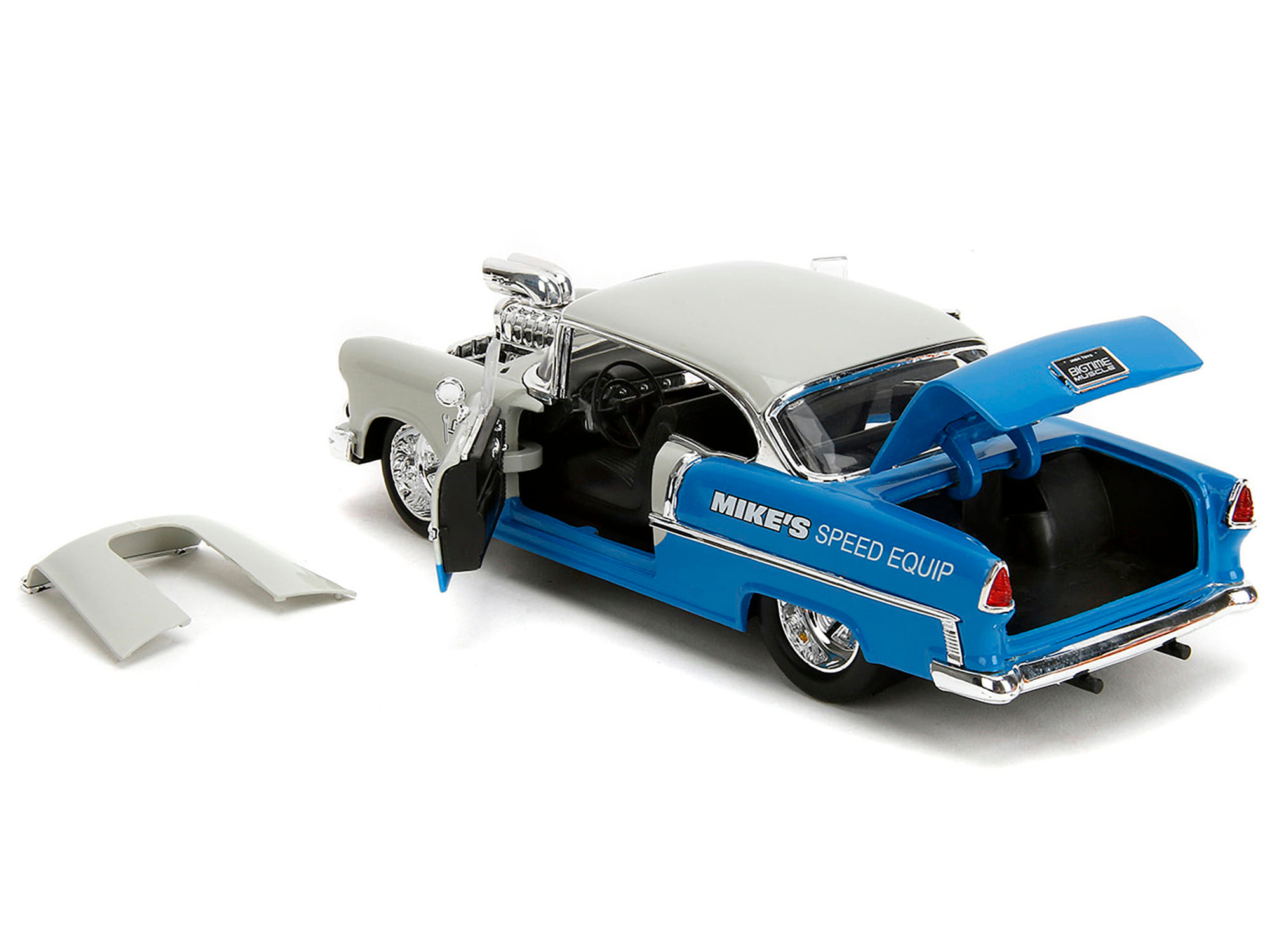 1955 Chevrolet Bel Air "Ghost Gas - Mike's Speed Equip" Light Gray and Blue "Bigtime Muscle" Series 1/24 Diecast Model Car by Jada - Image 2