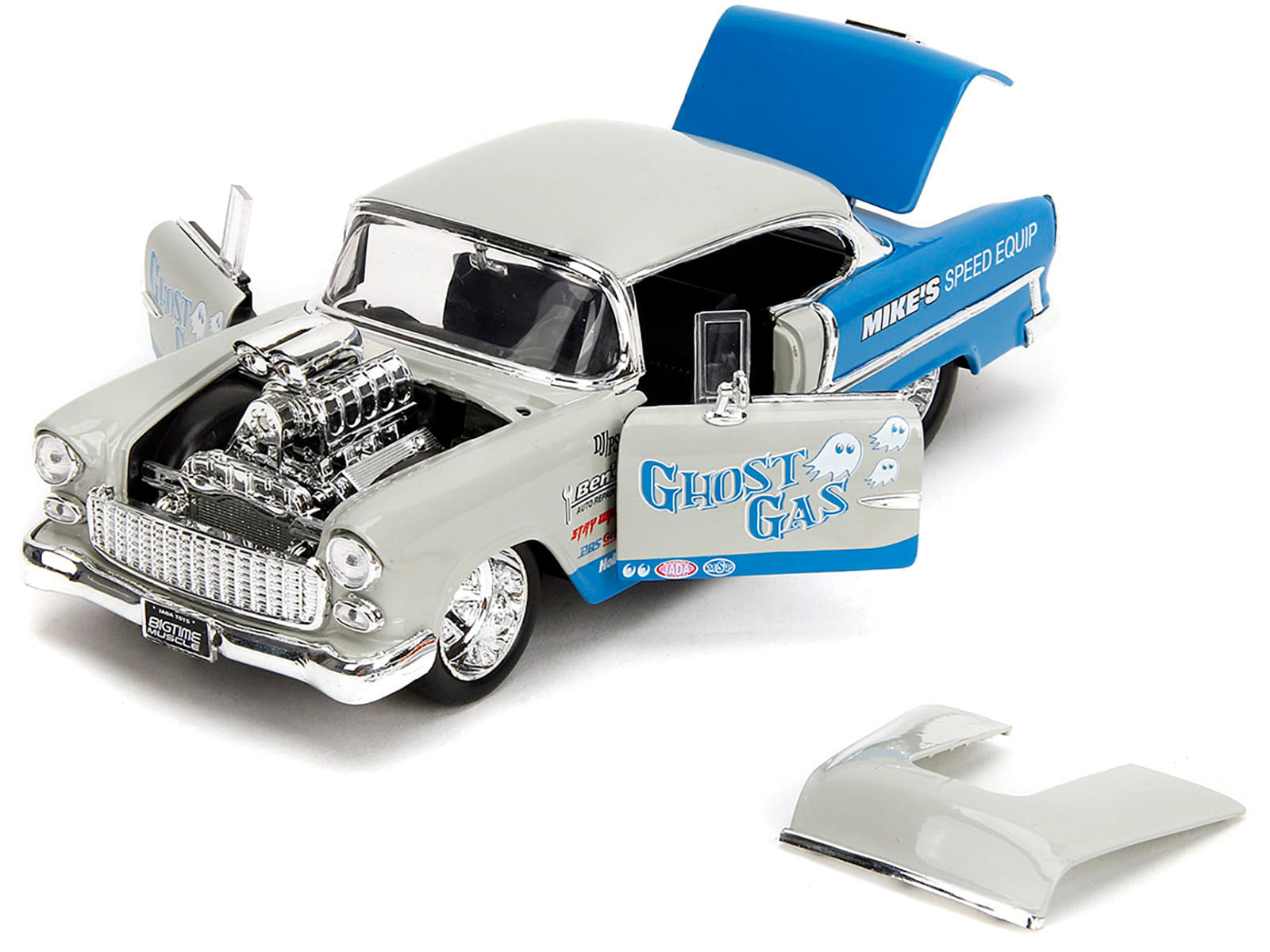 1955 Chevrolet Bel Air "Ghost Gas - Mike's Speed Equip" Light Gray and Blue "Bigtime Muscle" Series 1/24 Diecast Model Car by Jada - Image 3