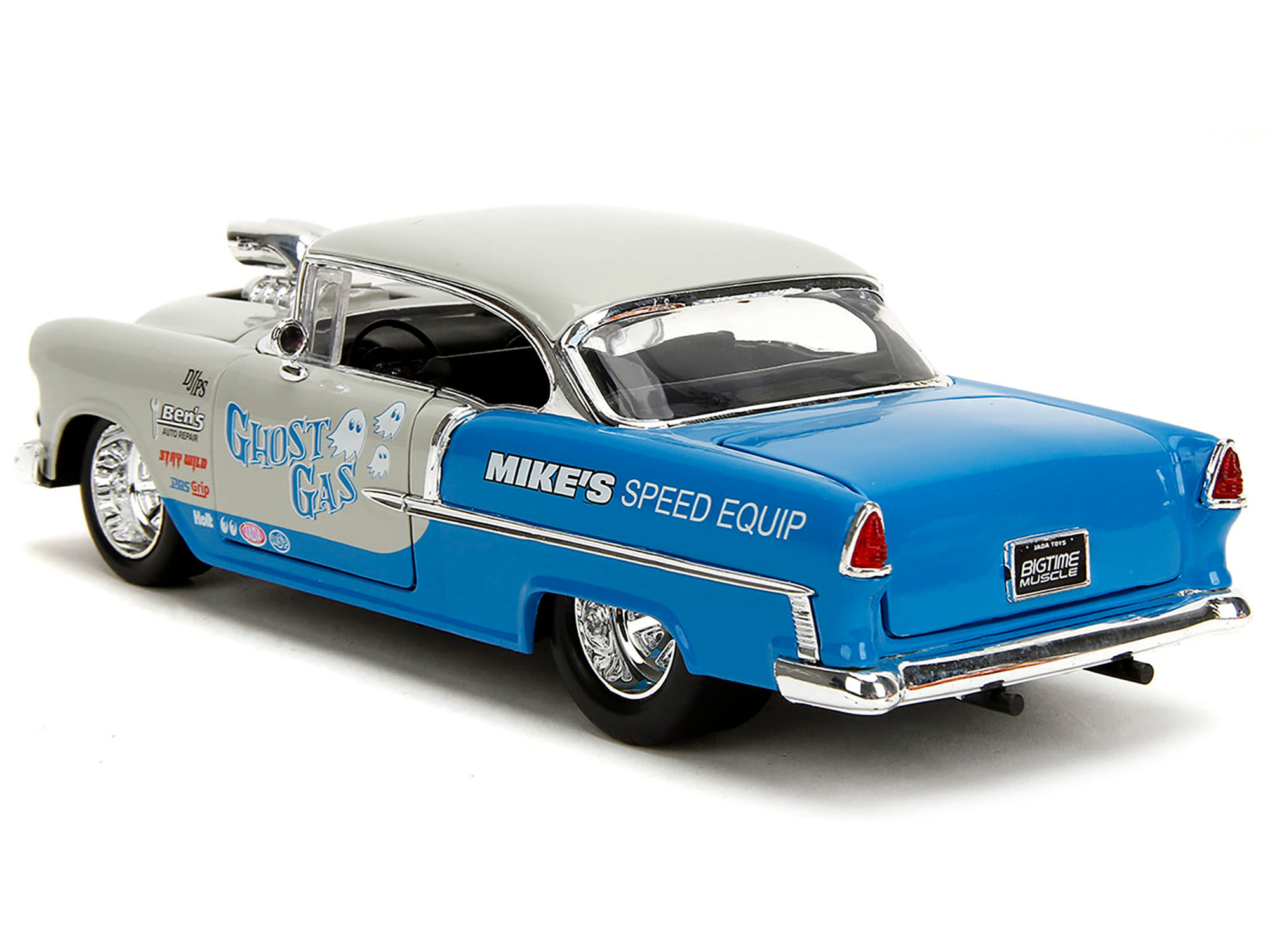 1955 Chevrolet Bel Air "Ghost Gas - Mike's Speed Equip" Light Gray and Blue "Bigtime Muscle" Series 1/24 Diecast Model Car by Jada - Image 4