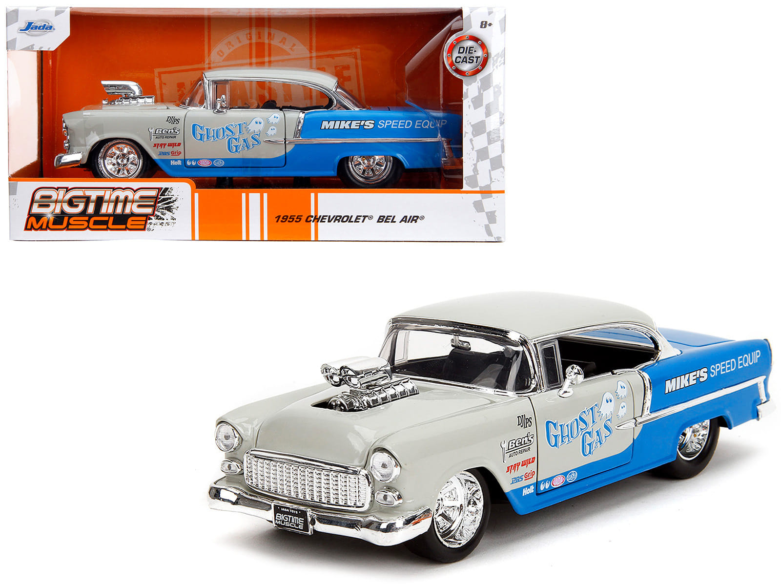 1955 Chevrolet Bel Air "Ghost Gas - Mike's Speed Equip" Light Gray and Blue "Bigtime Muscle" Series 1/24 Diecast Model Car by Jada - Image 5