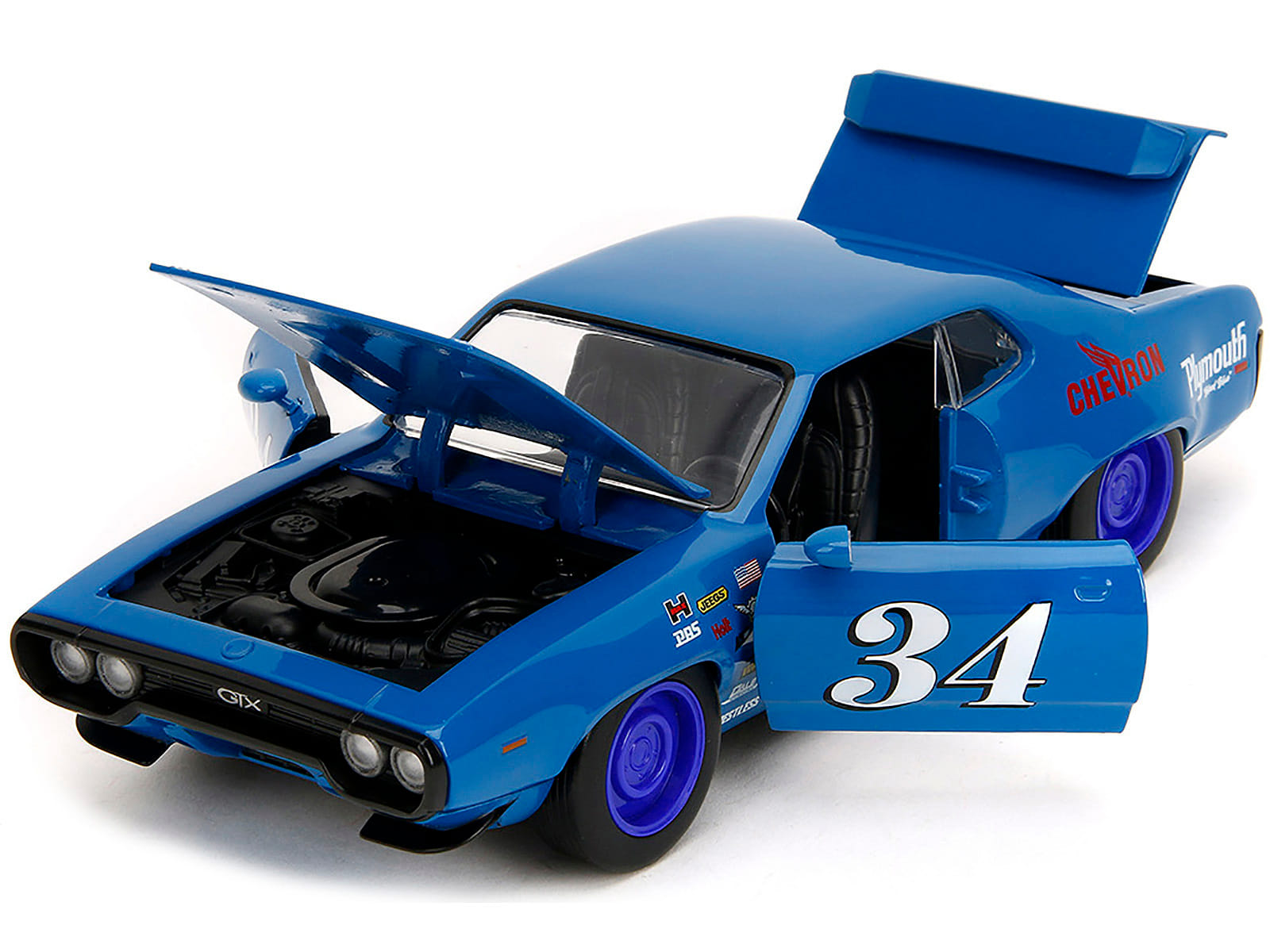 1972 Plymouth GTX #34 Blue with Graphics "Bigtime Muscle" Series 1/24 Diecast Model Car by Jada - Image 3