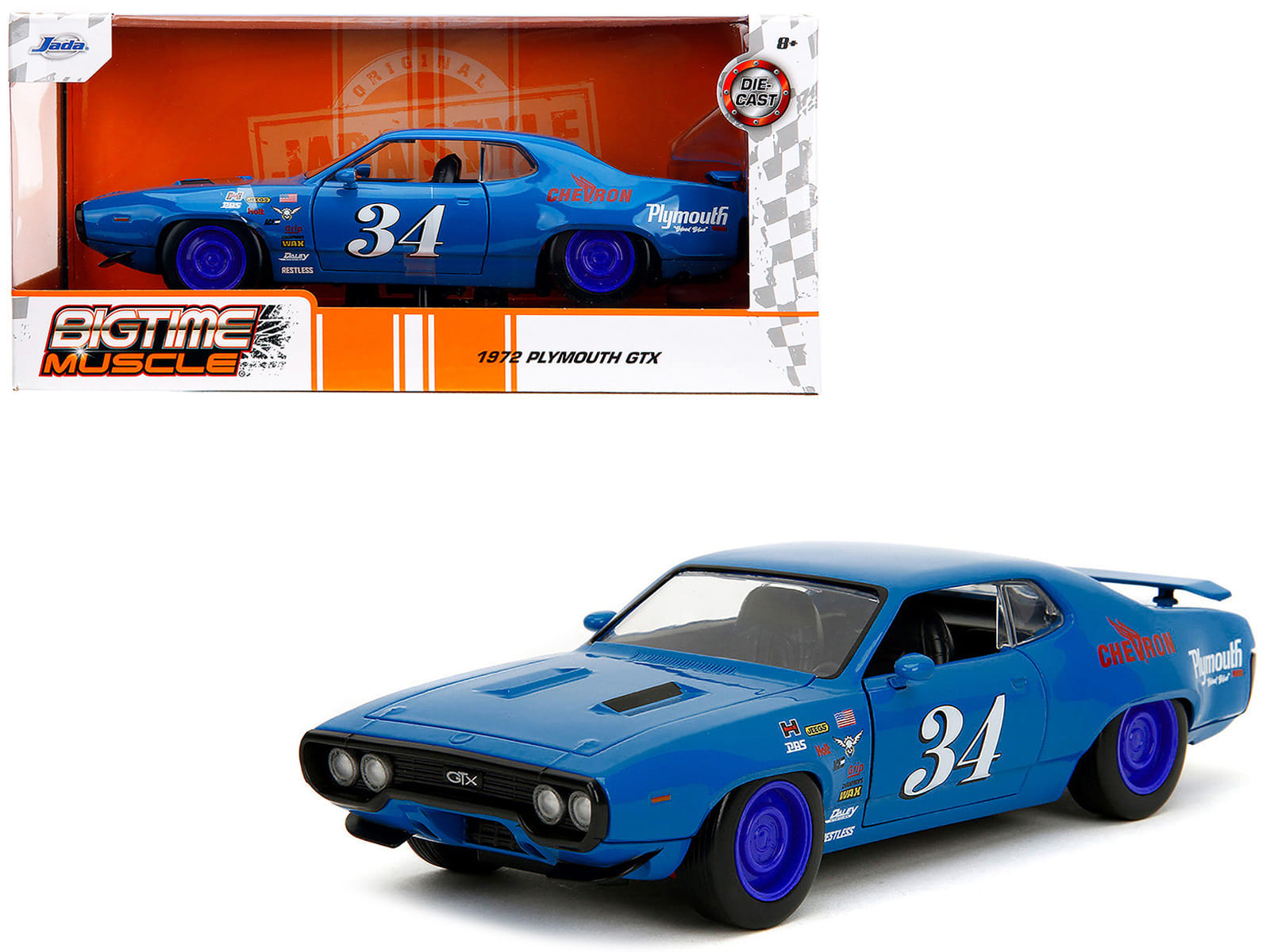 1972 Plymouth GTX #34 Blue with Graphics "Bigtime Muscle" Series 1/24 Diecast Model Car by Jada - Image 4