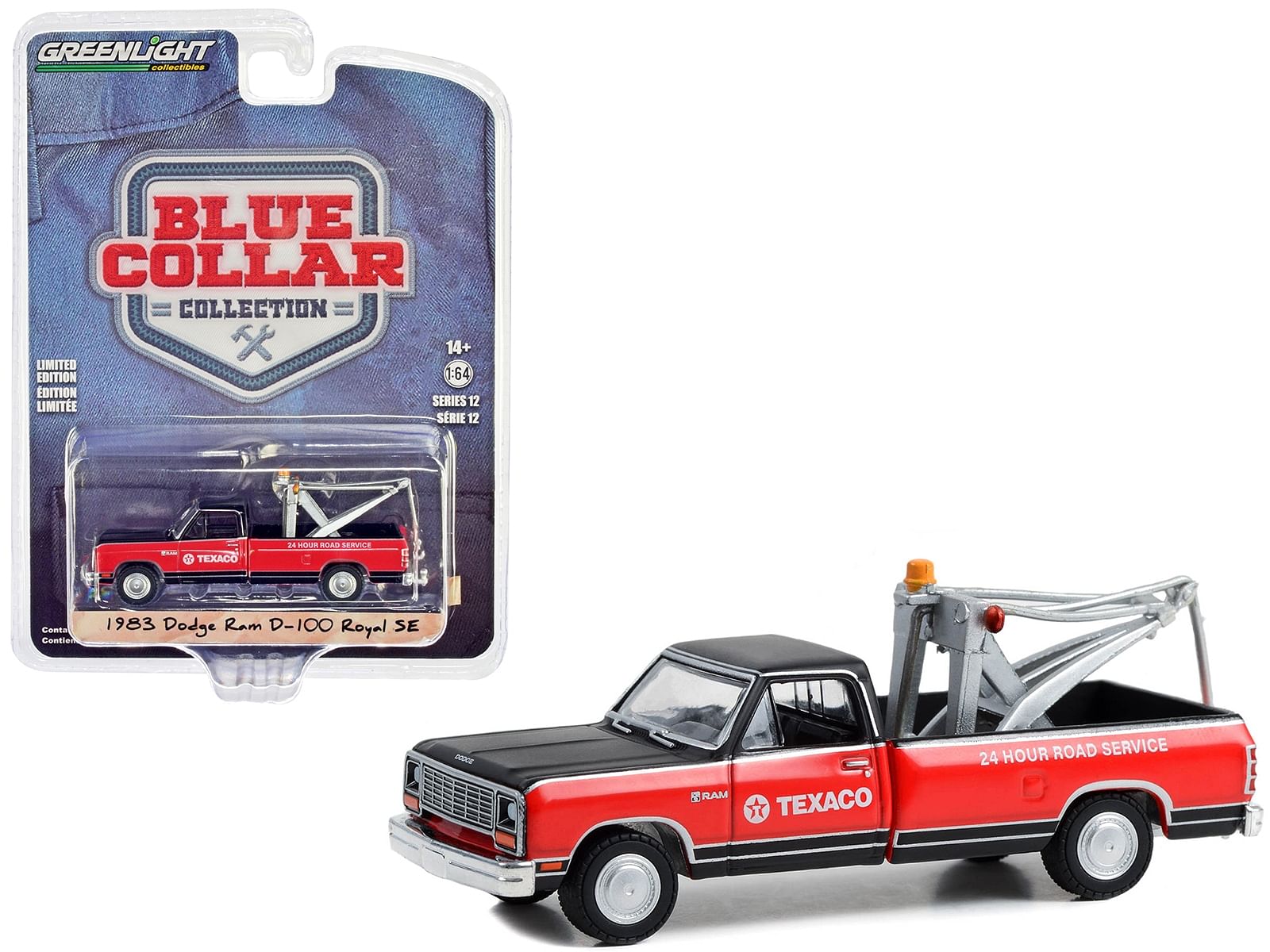 1983 Dodge Ram D-100 Royal SE Tow Truck Black and Red “Texaco – 24 Hour Service” “Blue Collar Collection” Series 12 1/64 Diecast Model Car by Greenlight