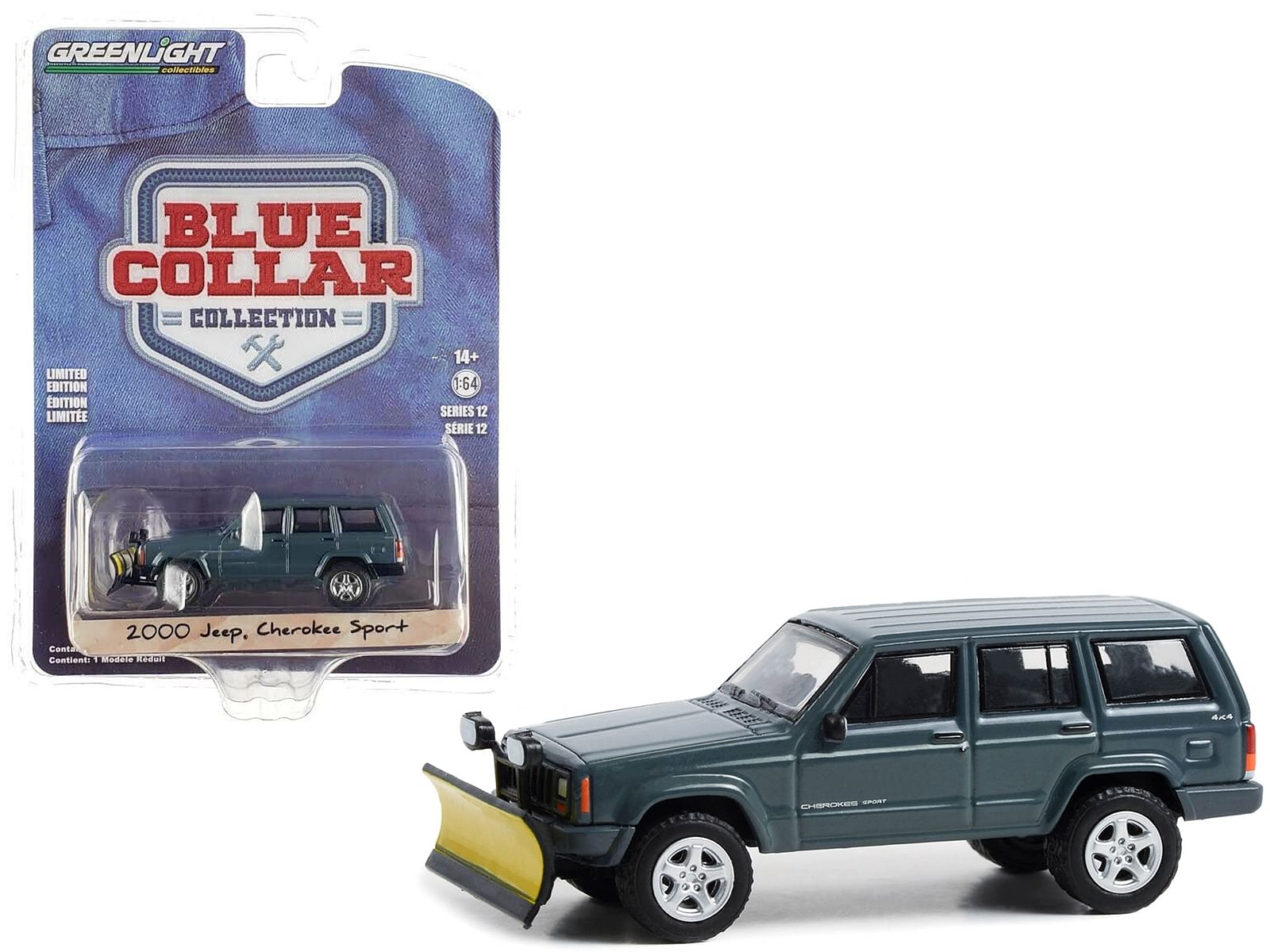 2000 Jeep Cherokee Sport with Snow Plow Dark Blue “Blue Collar Collection” Series 12 1/64 Diecast Model Car by Greenlight