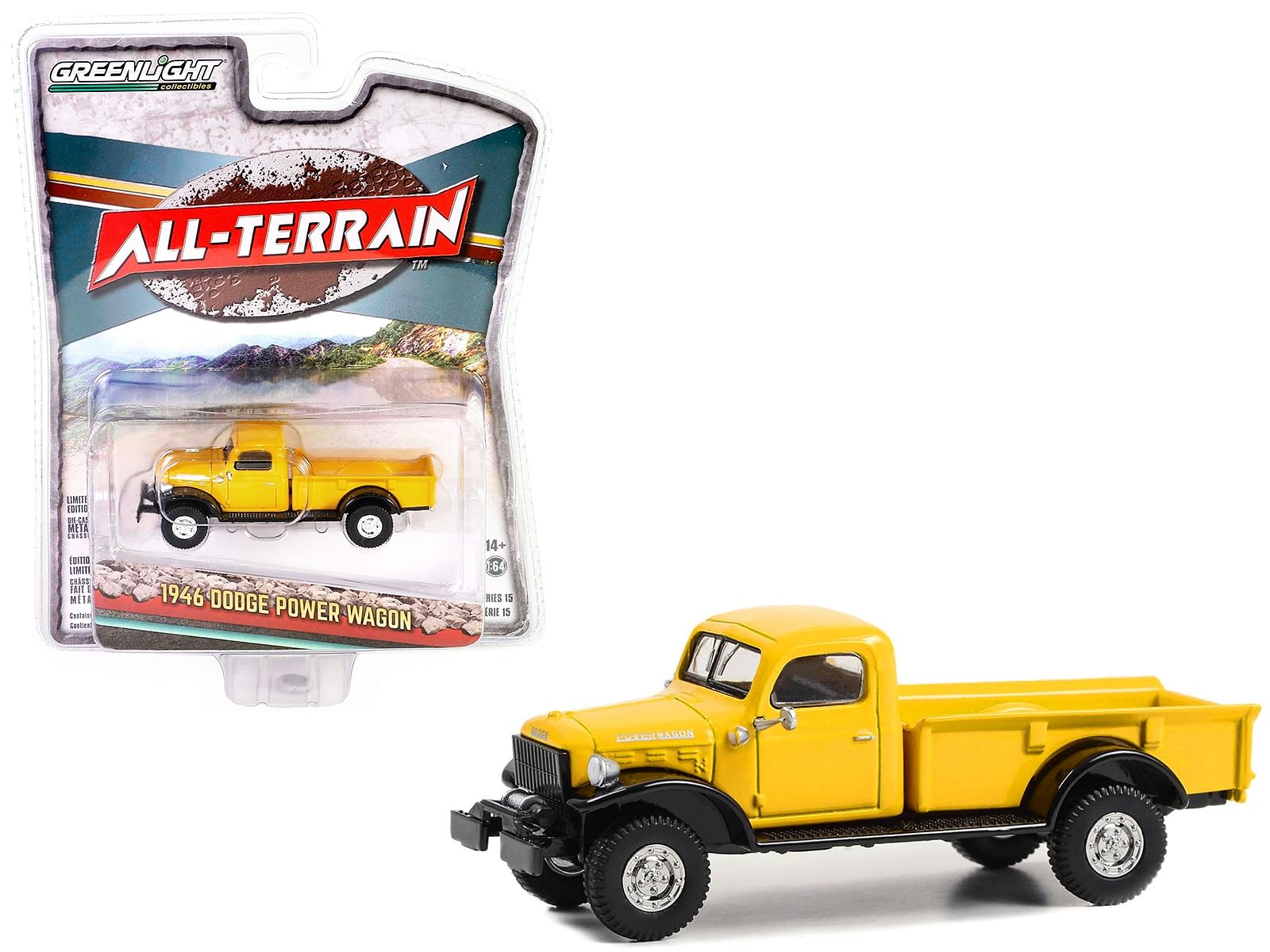 1946 Dodge Power Wagon Pickup Truck Construction Yellow and Black “All Terrain” Series 15 1/64 Diecast Model Car by Greenlight