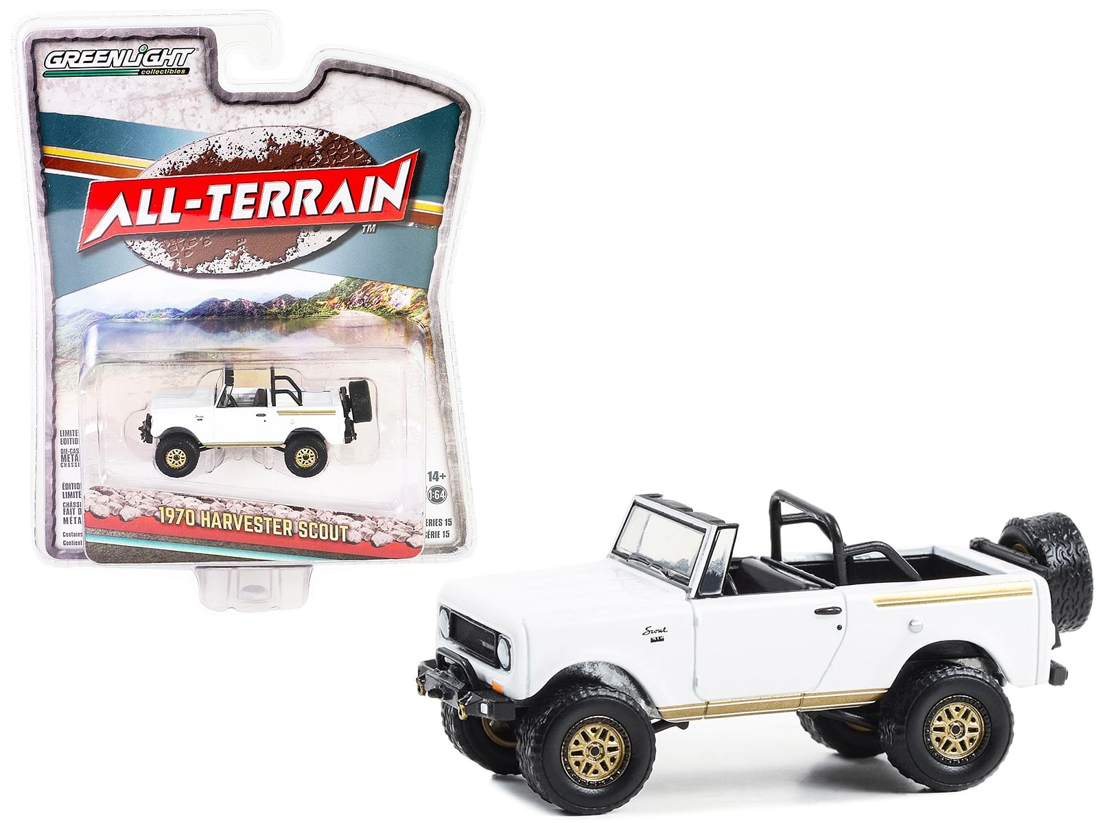 1970 International Harvester Scout Off-Road Version White with Gold Stripes and Wheels “All Terrain” Series 15 1/64 Diecast Model Car by Greenlight