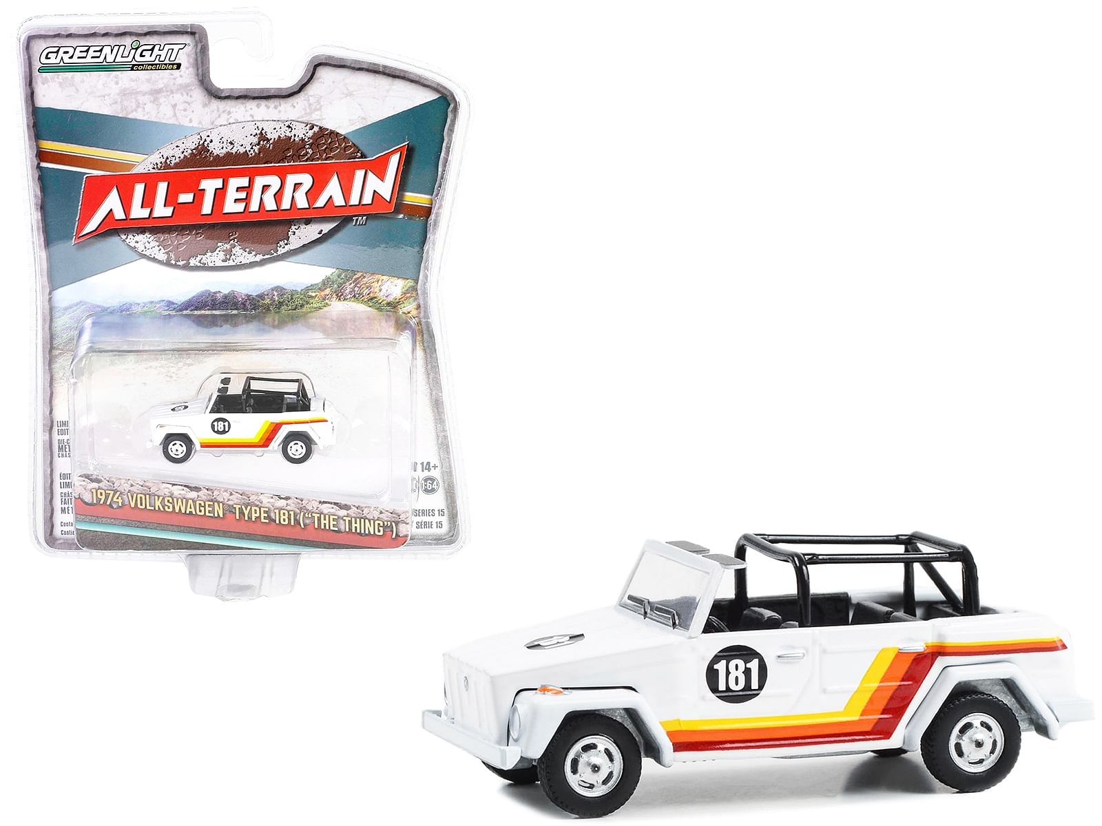 1974 Volkswagen Thing (Type 181) #181 White with Stripes “All Terrain” Series 15 1/64 Diecast Model Car by Greenlight