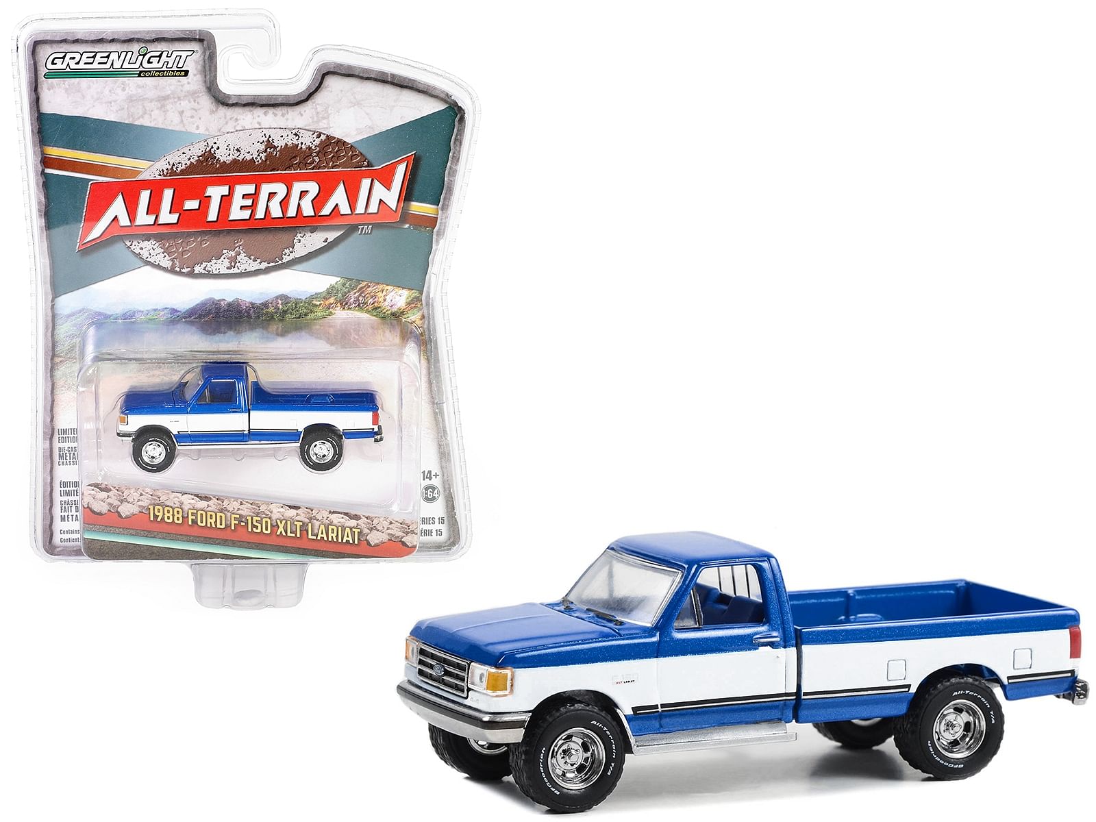 1988 Ford F-150 XLT Lariat Pickup Truck Blue Metallic and White with Blue Interior “All Terrain” Series 15 1/64 Diecast Model Car by Greenlight