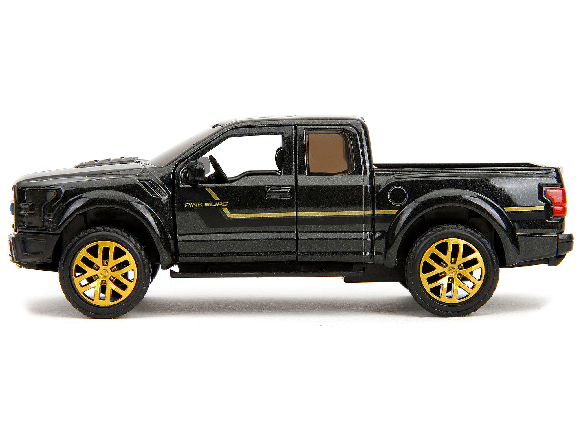 2017 Ford F-150 Raptor Pickup Truck Black Metallic with Gold Stripes “Pink Slips” Series 1/32 Diecast Model Car by Jada