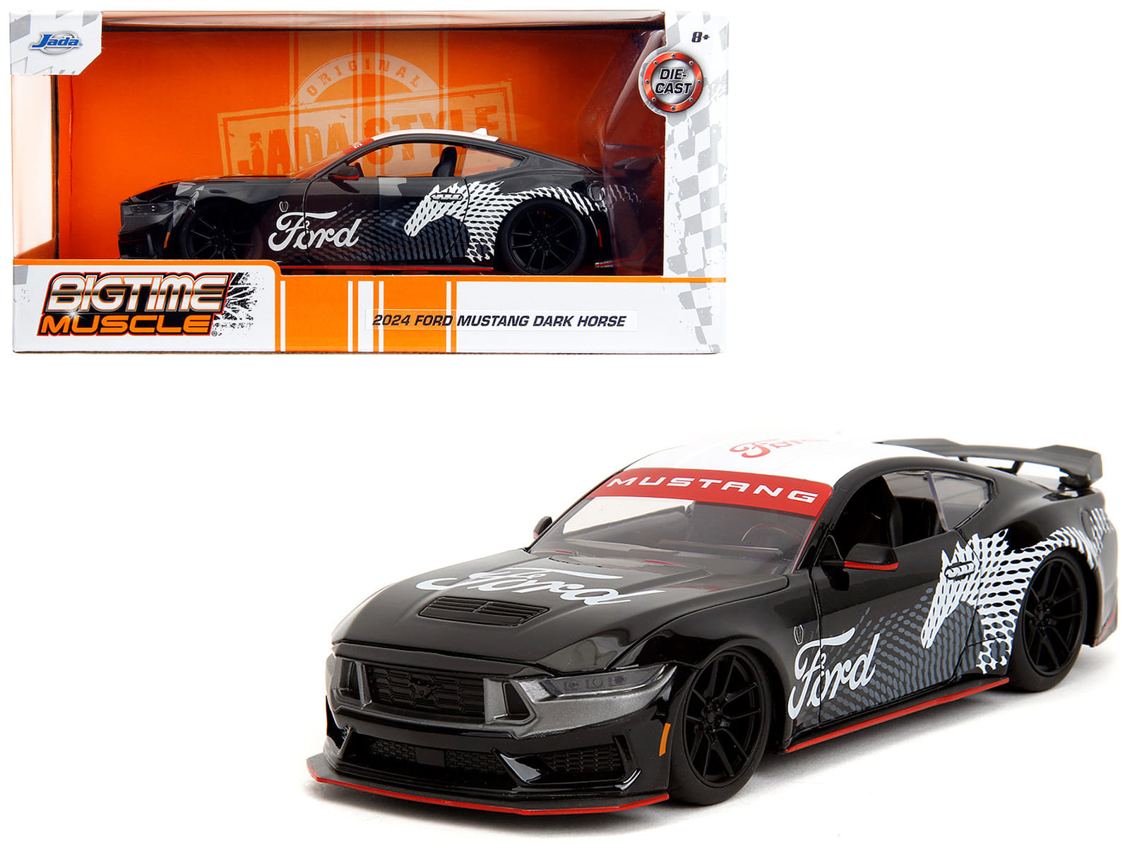2024 Ford Mustang Dark Horse Black with White Top and "Mustang Horse Graphics" "Bigtime Muscle" Series 1/24 Diecast Model Car by Jada - Image 3