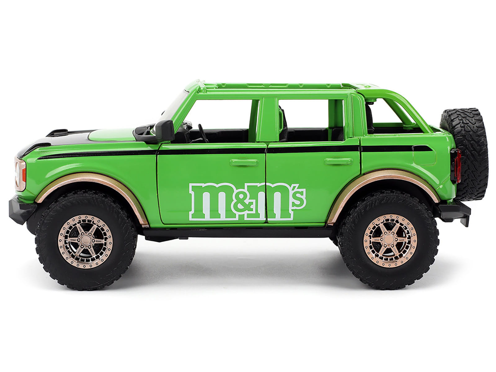 2021 Ford Bronco Green with Black Stripes and Green M&M's Diecast Figure "Hollywood Rides" Series 1/24 Diecast Model Car by Jada - Image 2