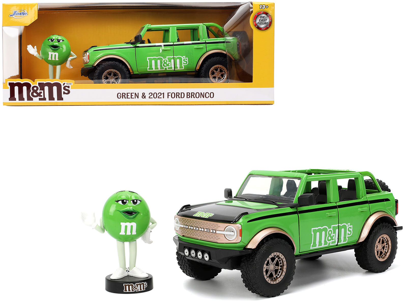 2021 Ford Bronco Green with Black Stripes and Green M&M's Diecast Figure "Hollywood Rides" Series 1/24 Diecast Model Car by Jada - Image 3