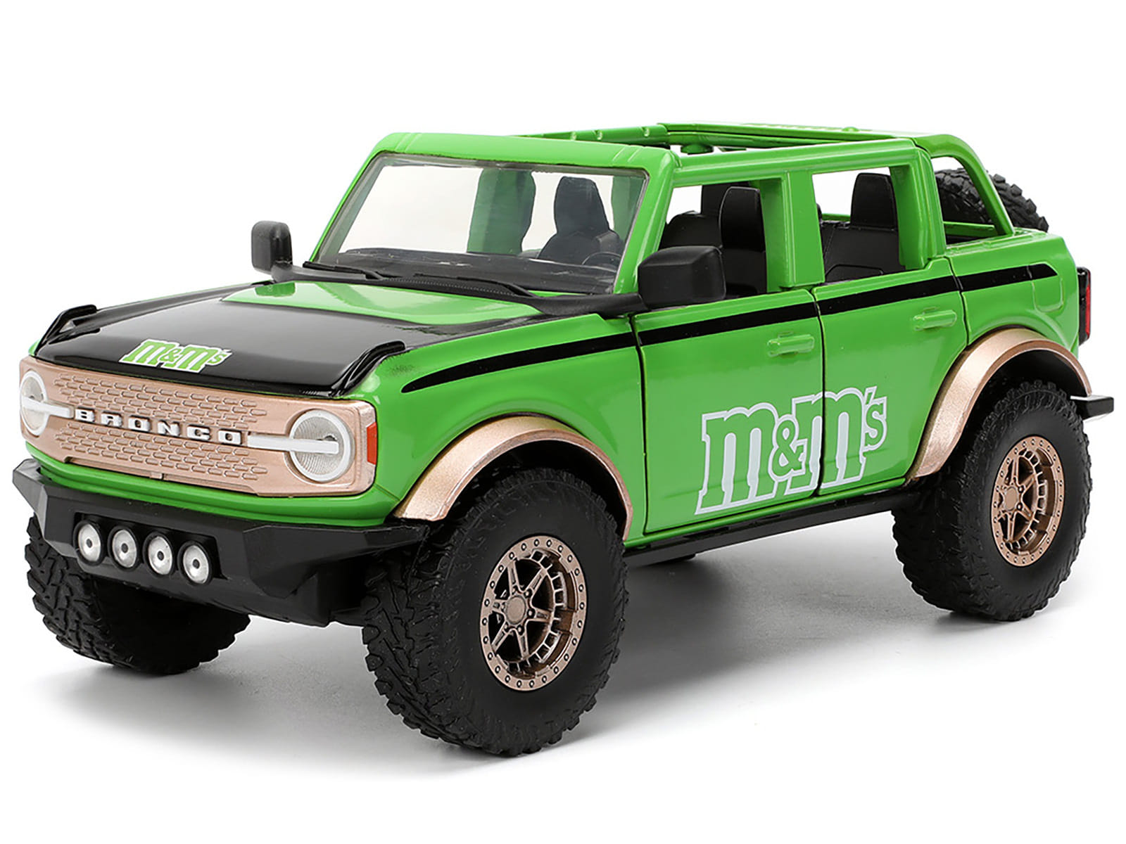 2021 Ford Bronco Green with Black Stripes and Green M&M's Diecast Figure "Hollywood Rides" Series 1/24 Diecast Model Car by Jada - Image 4