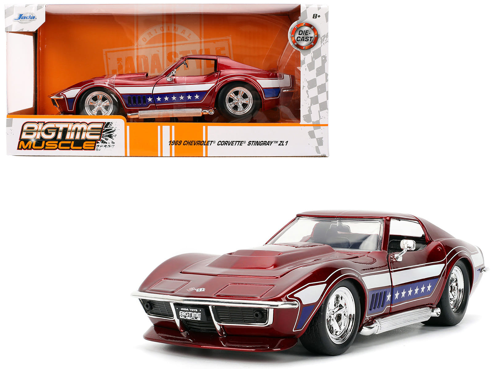 1969 Chevrolet Corvette Stingray ZL1 Red Metallic with Stars and Stripes Graphics "Bigtime Muscle" Series 1/24 Diecast Model Car by Jada - Image 5