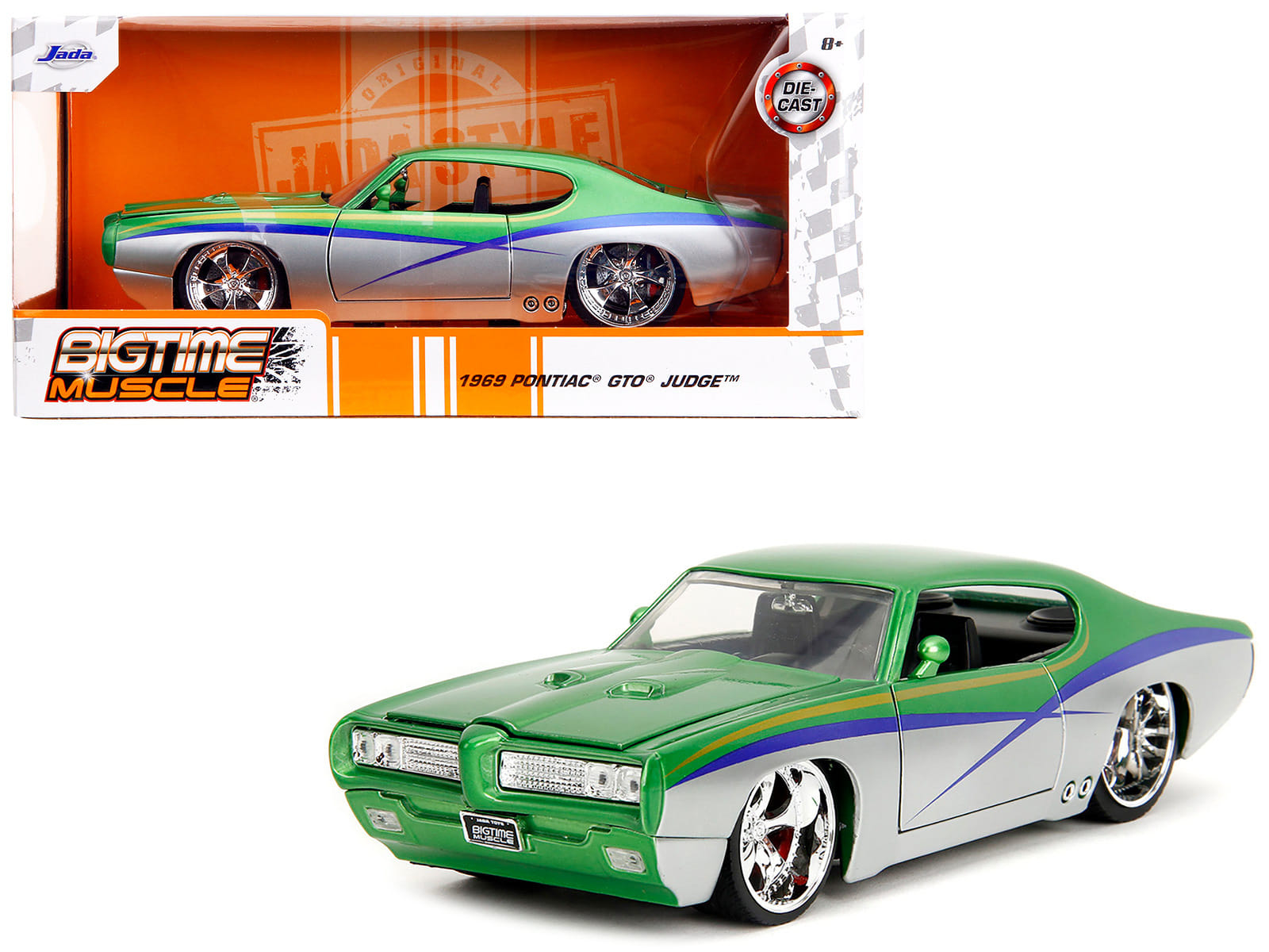 1969 Pontiac GTO Judge Green Metallic and Silver with Stripes "Bigtime Muscle" Series 1/24 Diecast Model Car by Jada - Image 5