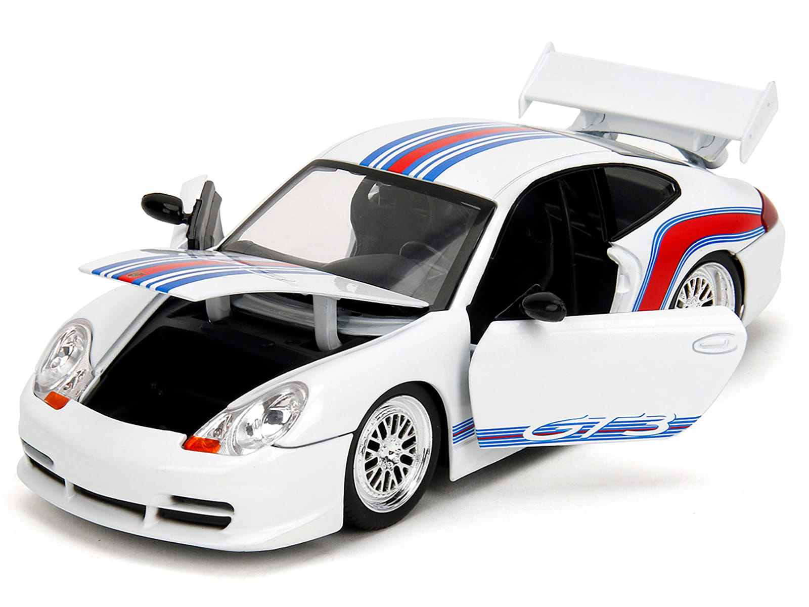 Porsche 911 GT3 (996) White with Red and Blue Stripes "Hyper-Spec" Series 1/24 Diecast Model Car by Jada - Image 3
