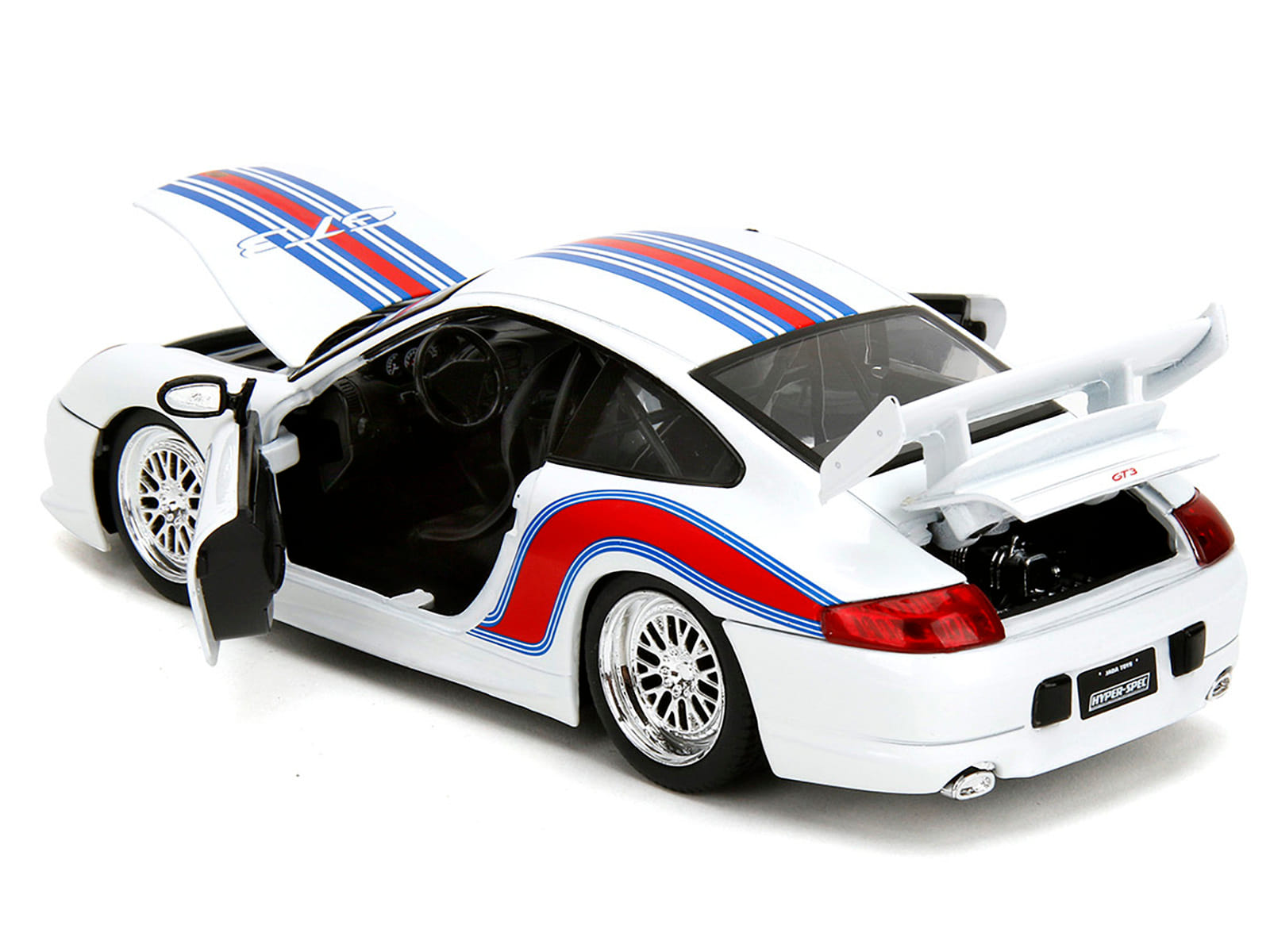 Porsche 911 GT3 (996) White with Red and Blue Stripes "Hyper-Spec" Series 1/24 Diecast Model Car by Jada - Image 4