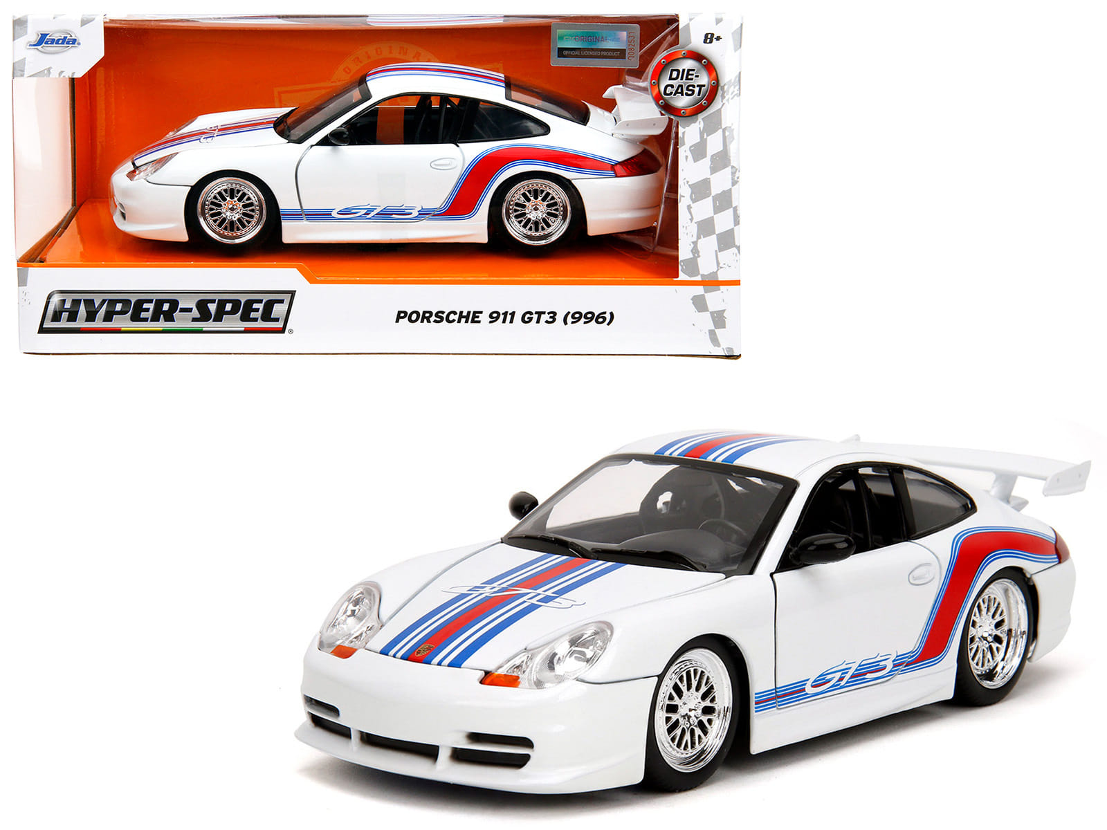 Porsche 911 GT3 (996) White with Red and Blue Stripes "Hyper-Spec" Series 1/24 Diecast Model Car by Jada - Image 5