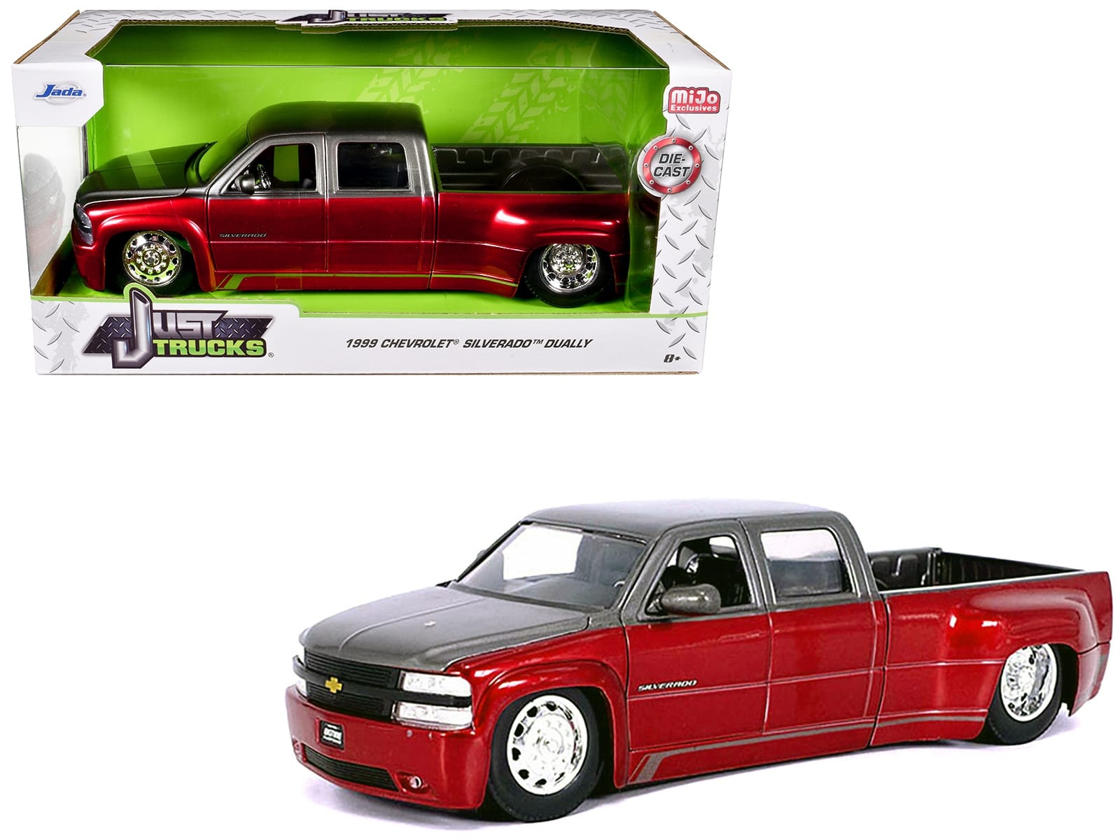 1999 Chevrolet Silverado Dually Pickup Truck Red Metallic and Gray with Stock Wheels "Just Trucks" Series 1/24 Diecast Model Car by Jada - Image 2