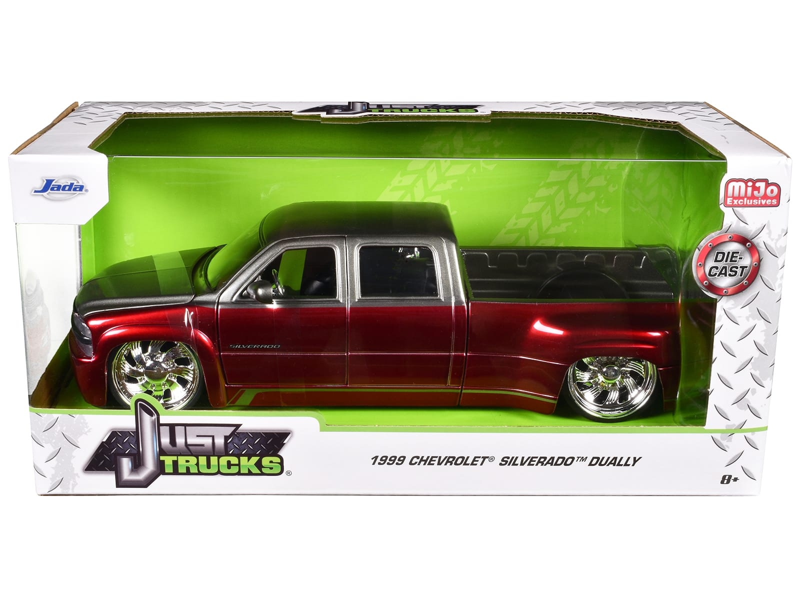 1999 Chevrolet Silverado Dually Pickup Truck Red Metallic and Gray with Custom KMC Wheels "Just Trucks" Series 1/24 Diecast Model Car by Jada - Image 2