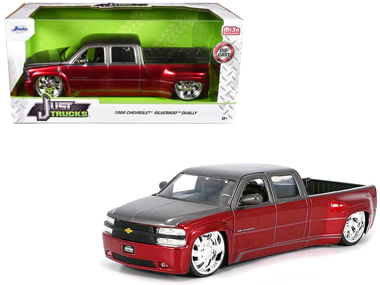 1999 Chevrolet Silverado Dually Pickup Truck Red Metallic and Gray with Custom KMC Wheels "Just Trucks" Series 1/24 Diecast Model Car by Jada - Image 3