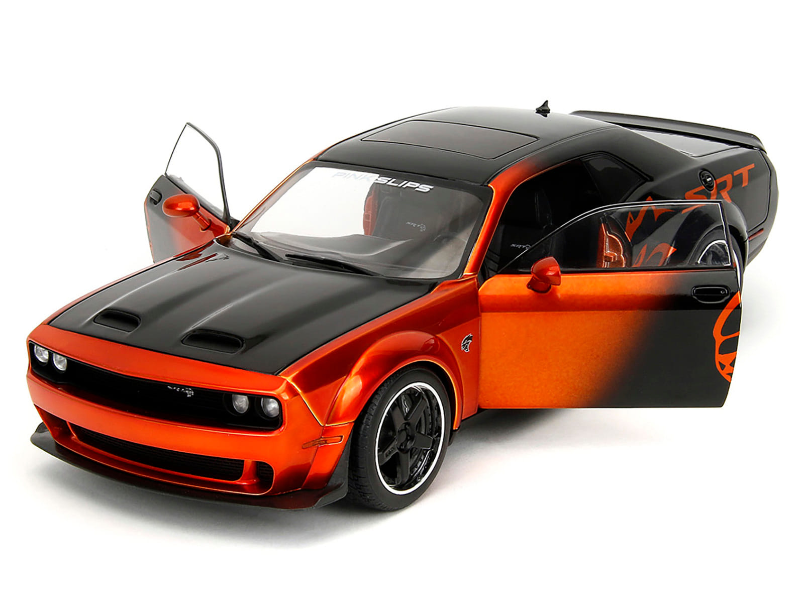 Dodge Challenger SRT Hellcat Orange Metallic and Black "Pink Slips" Series 1/18 Diecast Model Car by Jada - Image 2