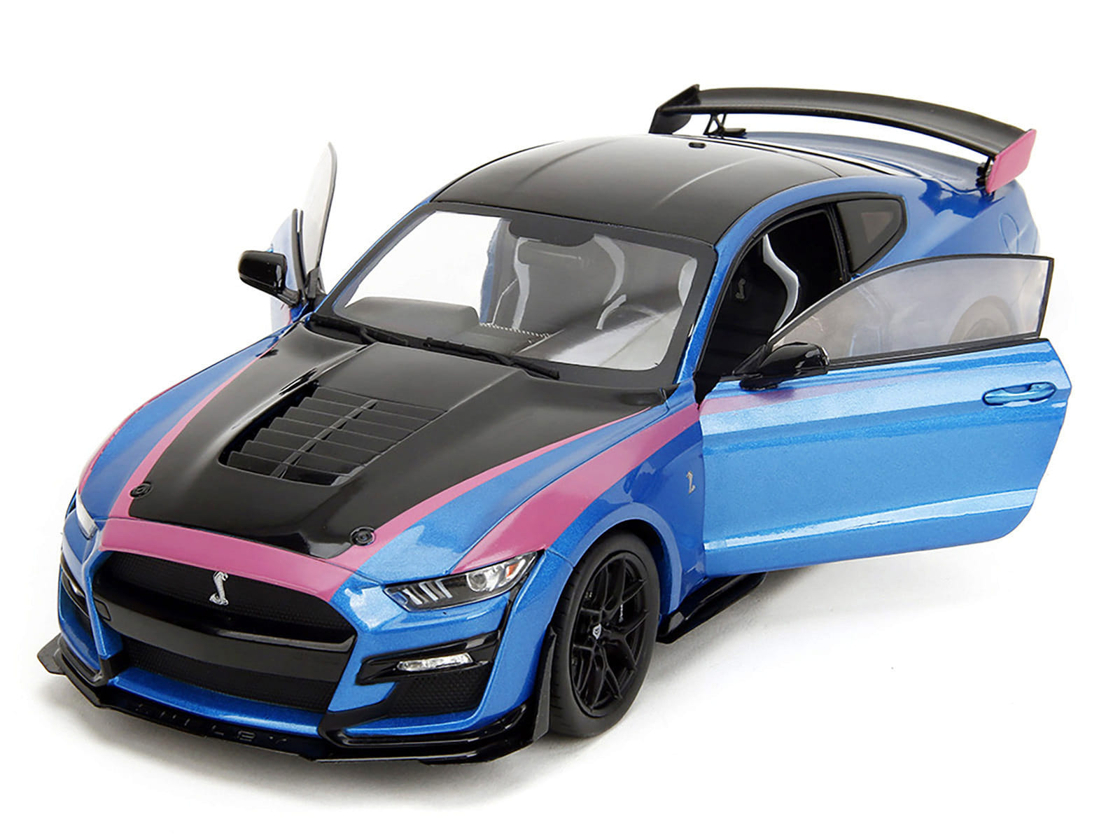 Ford Mustang Shelby GT500 Blue Metallic with Pink Stripes and Black Hood and Top "Pink Slips" Series 1/18 Diecast Model Car by Jada - Image 2