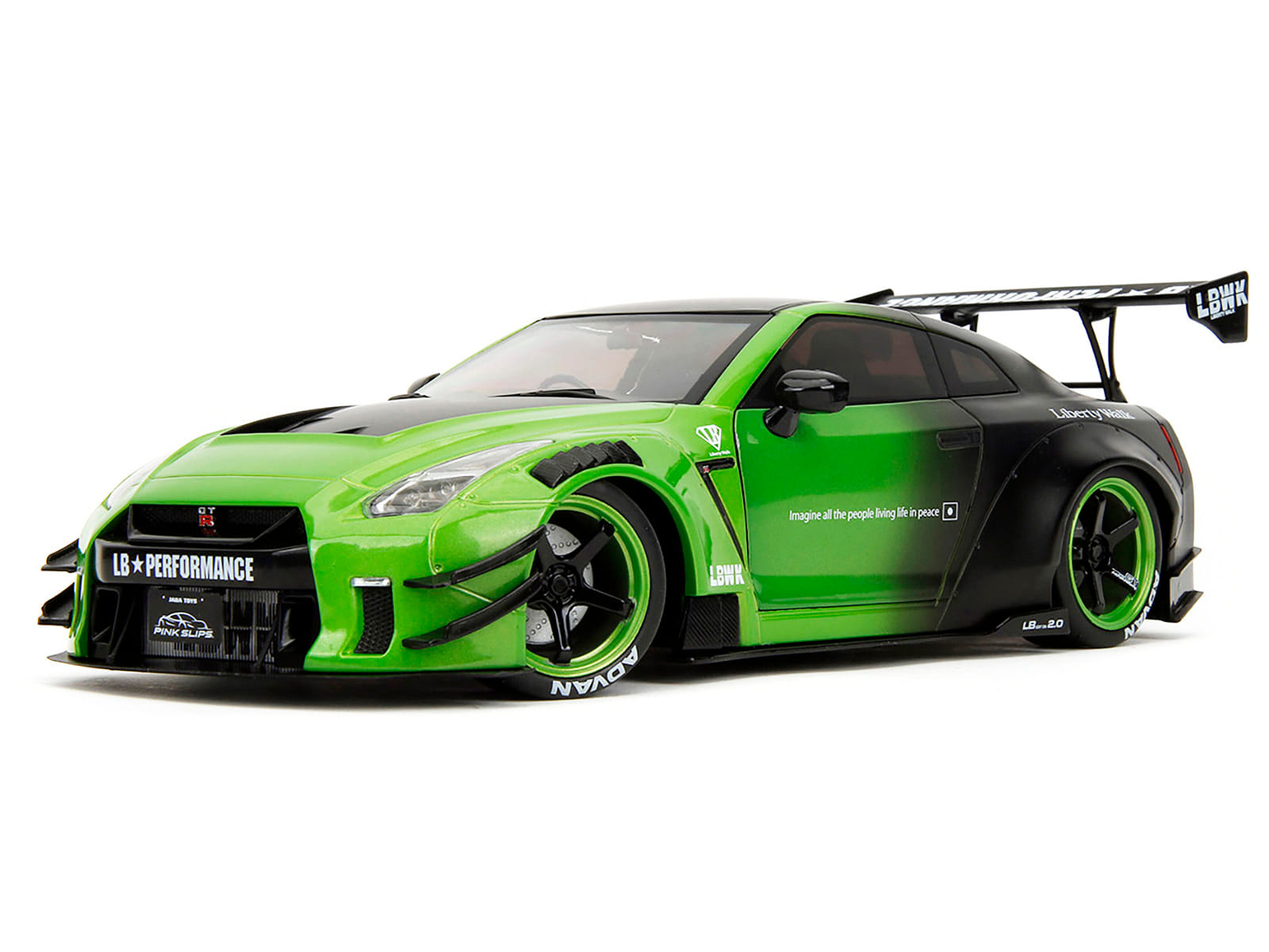 Nissan GT-R (R35) Liberty Walk Body Kit 2.0 RHD (Right Hand Drive) Green and Matt Black "Pink Slips" Series 1/18 Diecast Model Car by Jada - Image 2