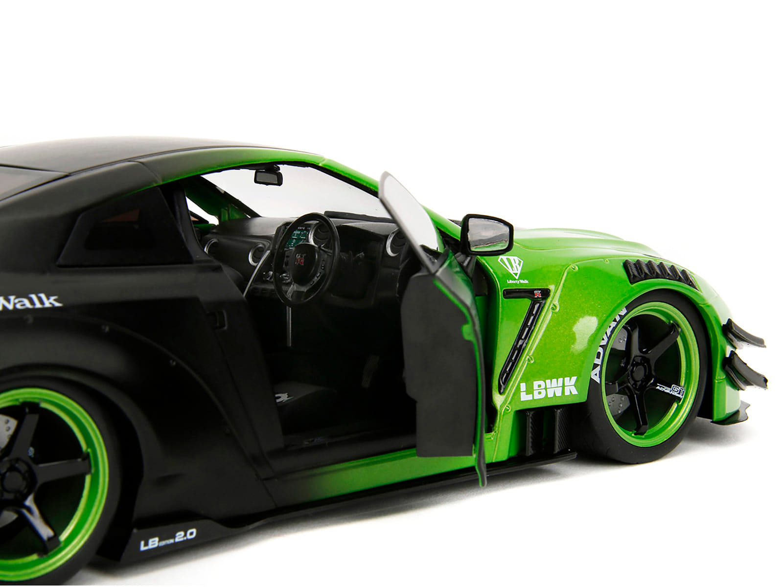 Nissan GT-R (R35) Liberty Walk Body Kit 2.0 RHD (Right Hand Drive) Green and Matt Black "Pink Slips" Series 1/18 Diecast Model Car by Jada - Image 3