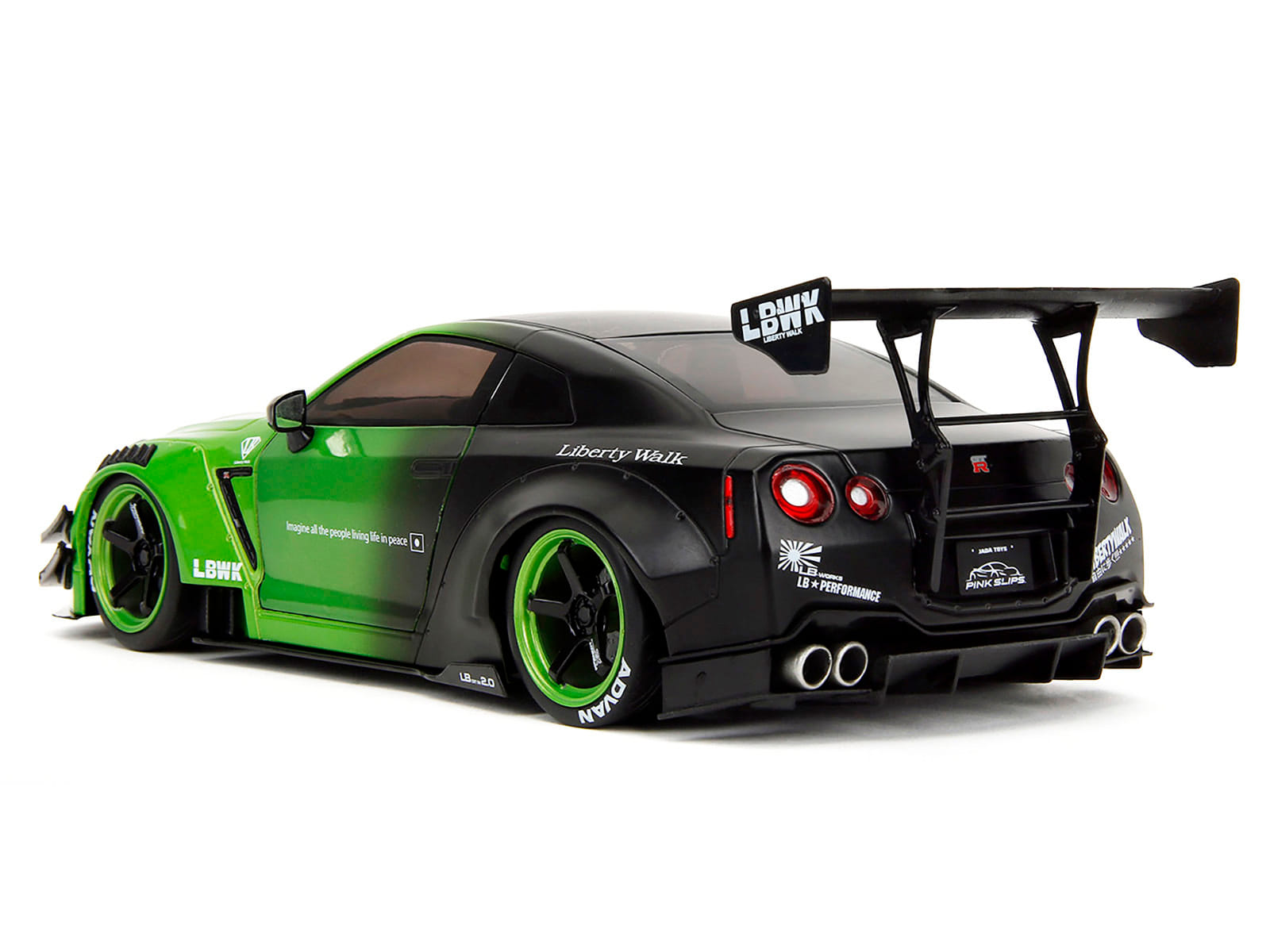 Nissan GT-R (R35) Liberty Walk Body Kit 2.0 RHD (Right Hand Drive) Green and Matt Black "Pink Slips" Series 1/18 Diecast Model Car by Jada - Image 4