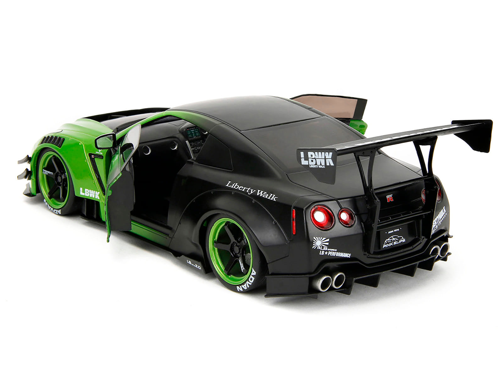 Nissan GT-R (R35) Liberty Walk Body Kit 2.0 RHD (Right Hand Drive) Green and Matt Black "Pink Slips" Series 1/18 Diecast Model Car by Jada - Image 5