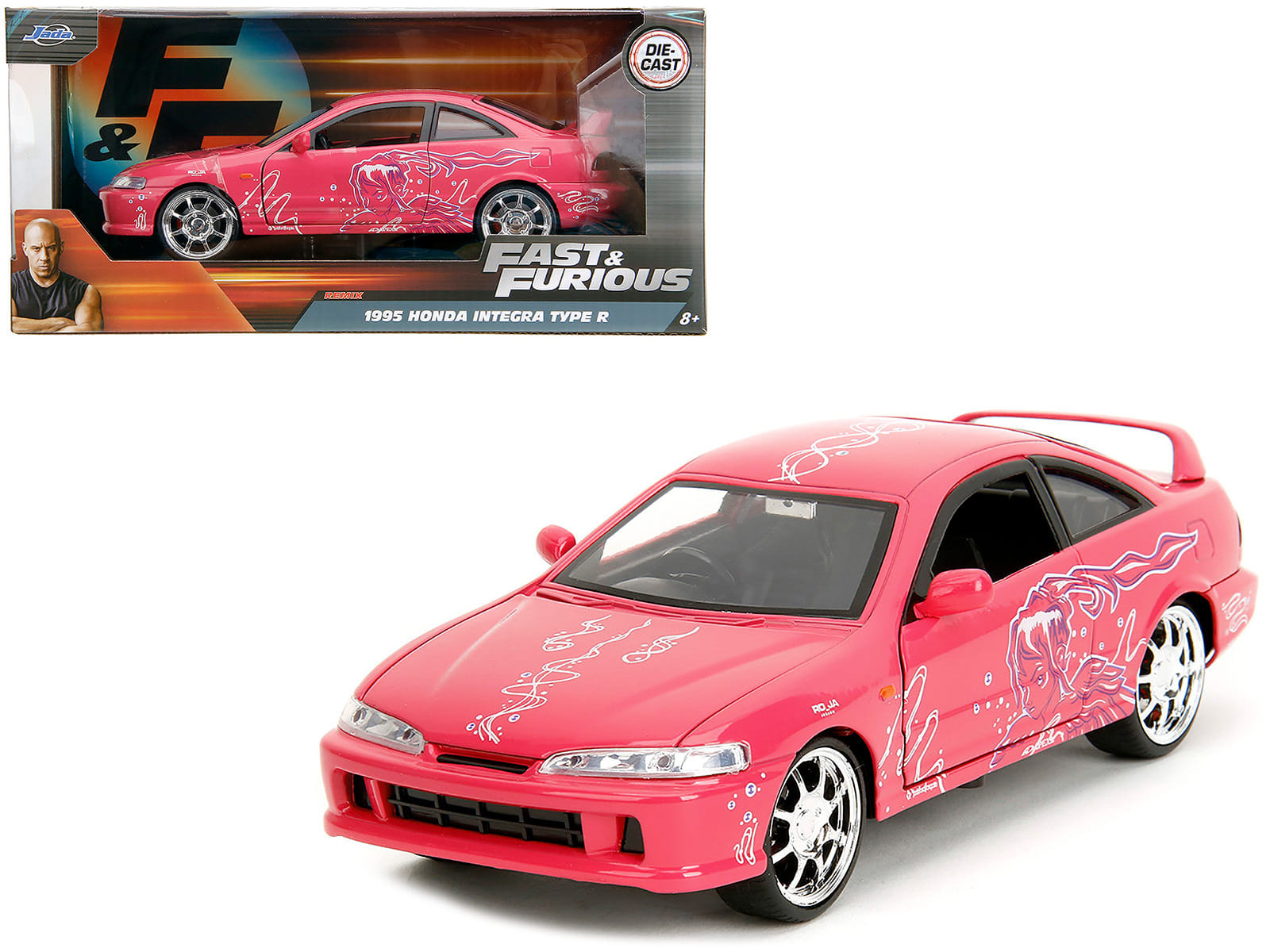 1995 Honda Integra Type R Pink with Graphics "Fast & Furious Remix" Series 1/24 Diecast Model Car by Jada - Image 5