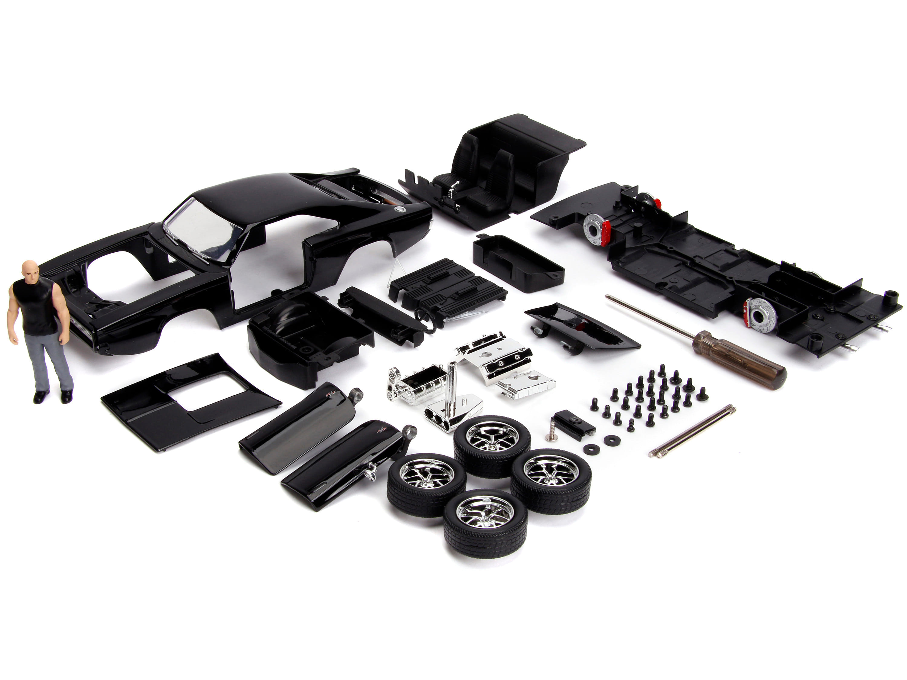 Model Kit Dodge Charger R/T Black and Dom Diecast Figure "Fast & Furious" Movie "Build N' Collect" Series 1/24 Diecast Model Car by Jada - Image 3