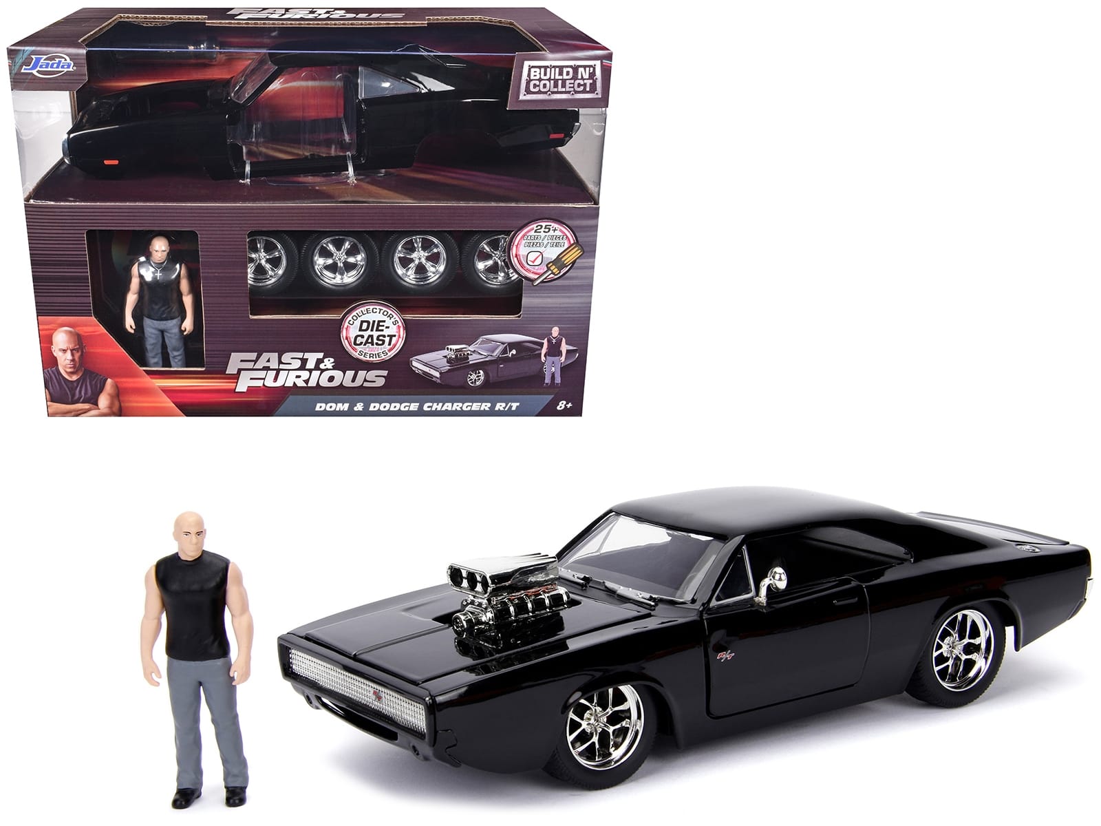 Model Kit Dodge Charger R/T Black and Dom Diecast Figure "Fast & Furious" Movie "Build N' Collect" Series 1/24 Diecast Model Car by Jada - Image 5