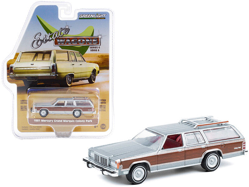 1981 Mercury Grand Marquis Colony Park with Roof Rack Dove Gray Metallic with Woodgrain Sides “Estate Wagons” Series 6 1/64 Diecast Model Car by Greenlight