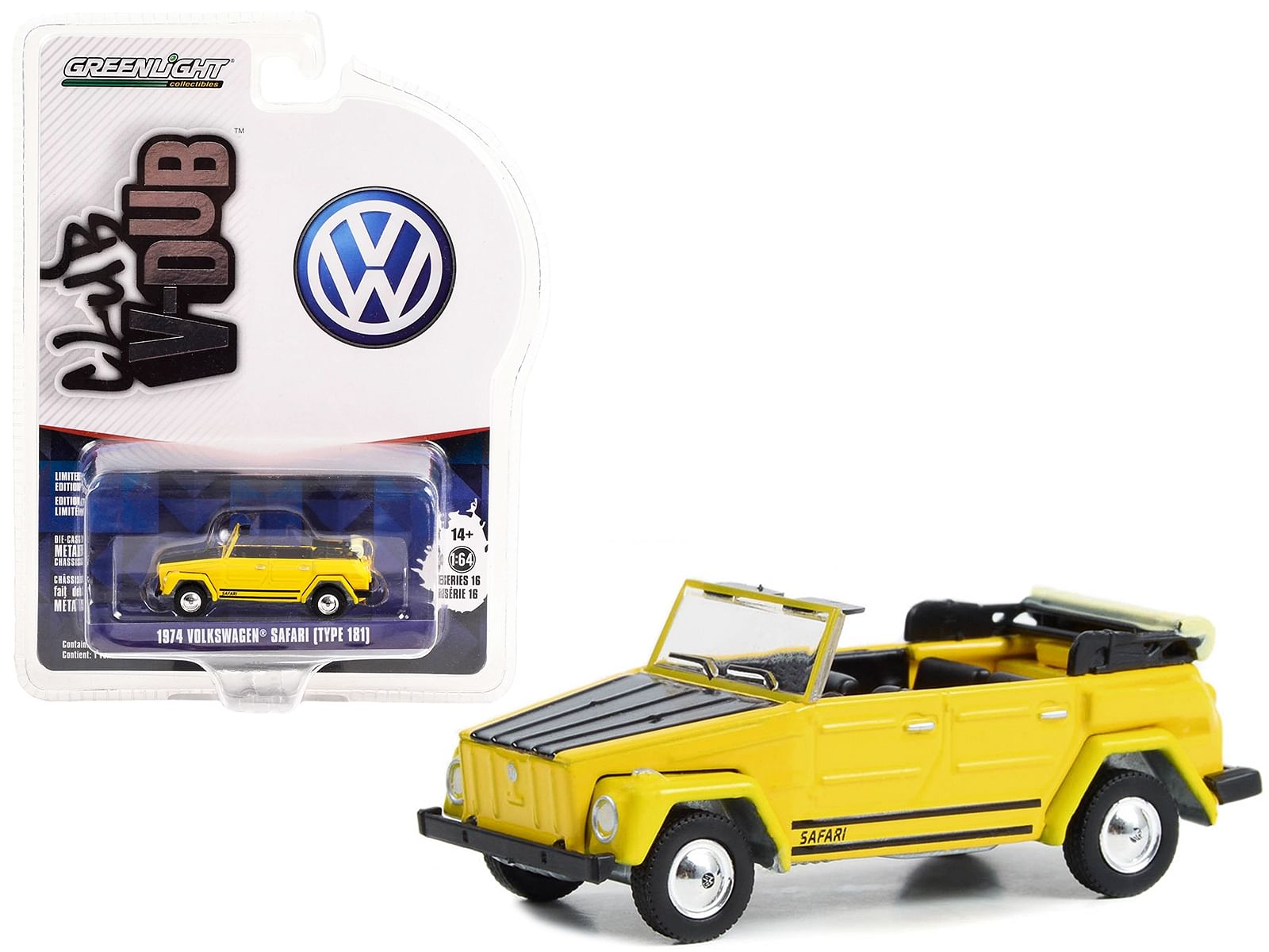 1974 Volkswagen Safari (Type 181) Convertible Yellow with Black Hood “Club Vee V-Dub” Series 16 1/64 Diecast Model Car by Greenlight