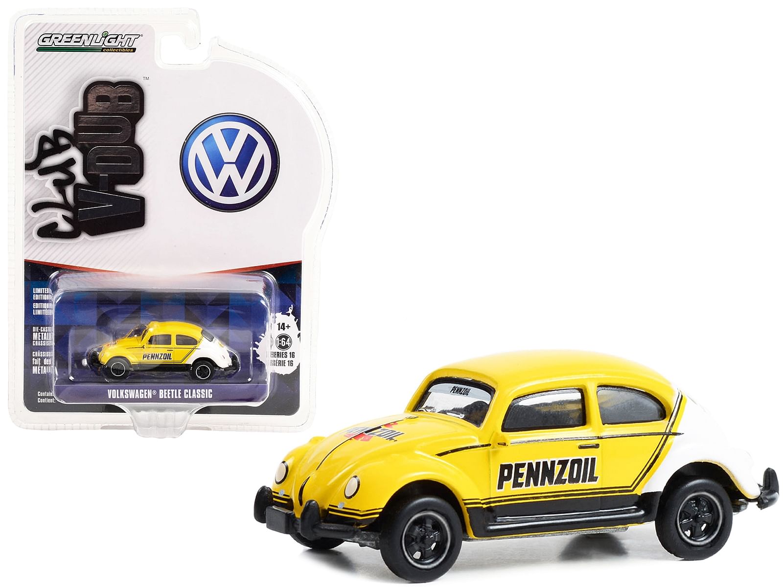 Volkswagen Classic Beetle Yellow and White “Pennzoil Racing” “Club Vee V-Dub” Series 16 1/64 Diecast Model Car by Greenlight