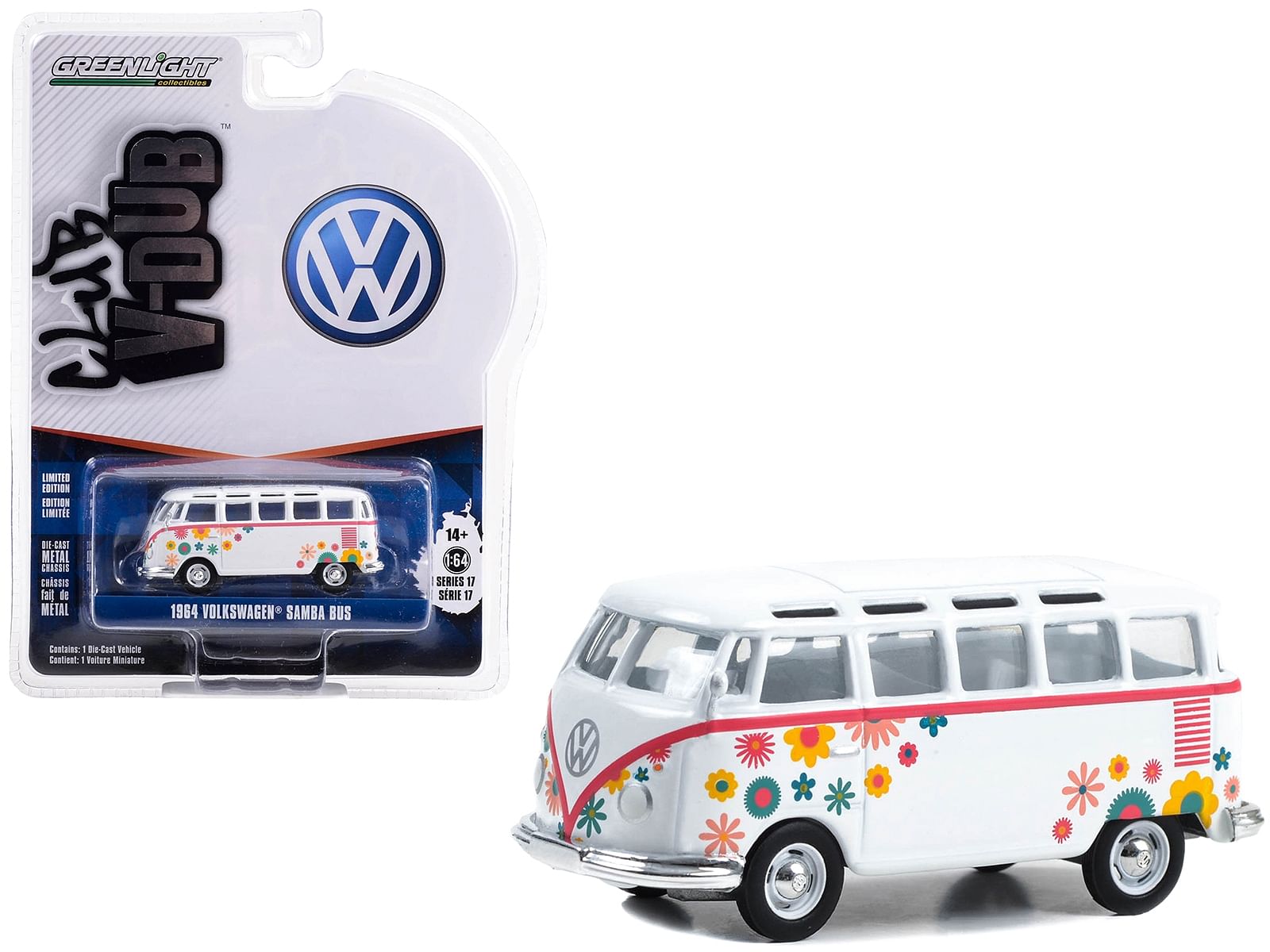 1964 Volkswagen Type 2 (T1) Samba Bus White with Graphics “Flower Power” “Club Vee V-Dub” Series 17 1/64 Diecast Model Car by Greenlight