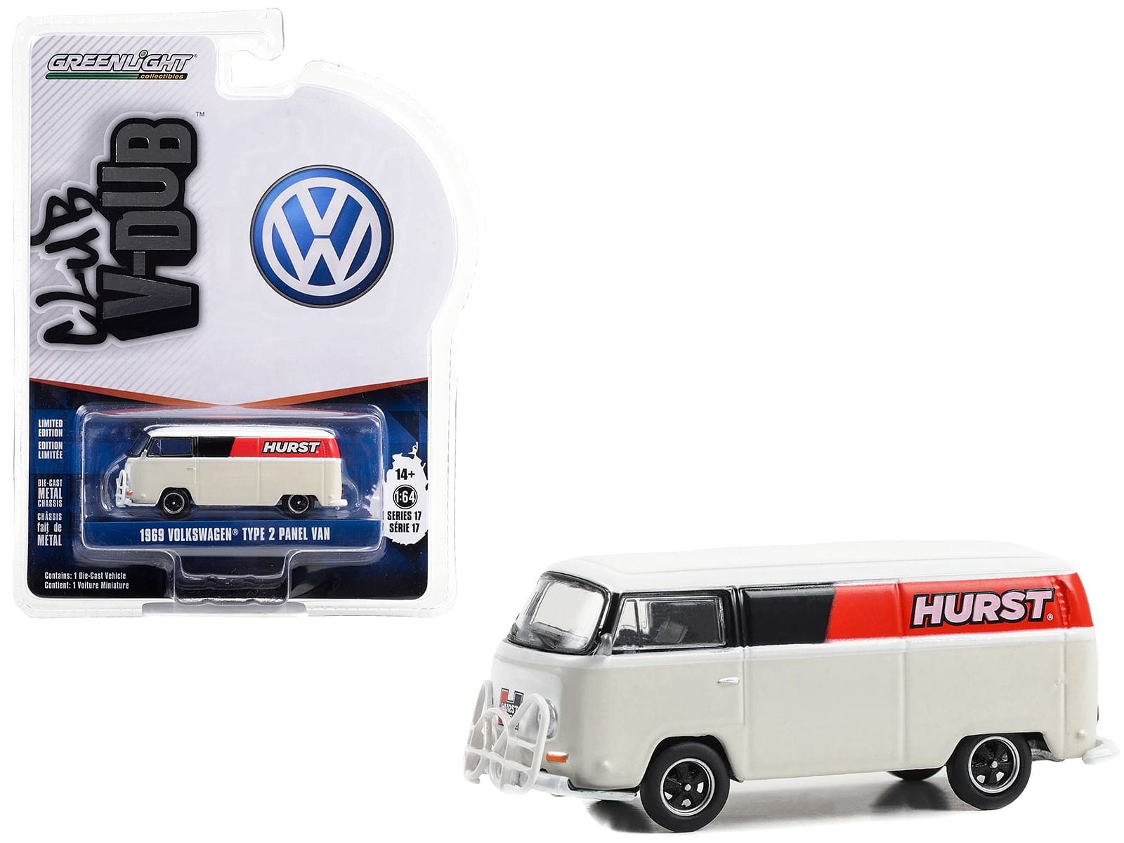 1969 Volkswagen Type 2 Panel Van White with Black and Red Stripes “Hurst Shifters” “Club Vee V-Dub” Series 17 1/64 Diecast Model Car by Greenlight