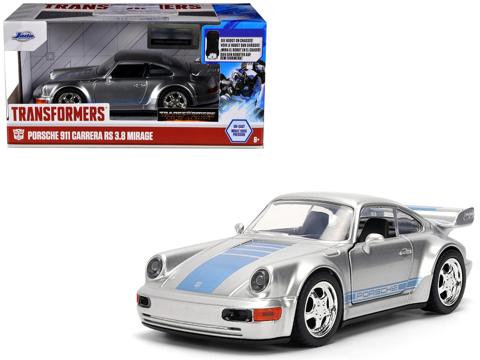 Porsche 911 Carrera RS 3.8 "Mirage" Silver Metallic with Blue Stripes "Transformers: Rise of the Beasts" (2023) Movie "Hollywood Rides" 1/32 Diecast Model Car by Jada
