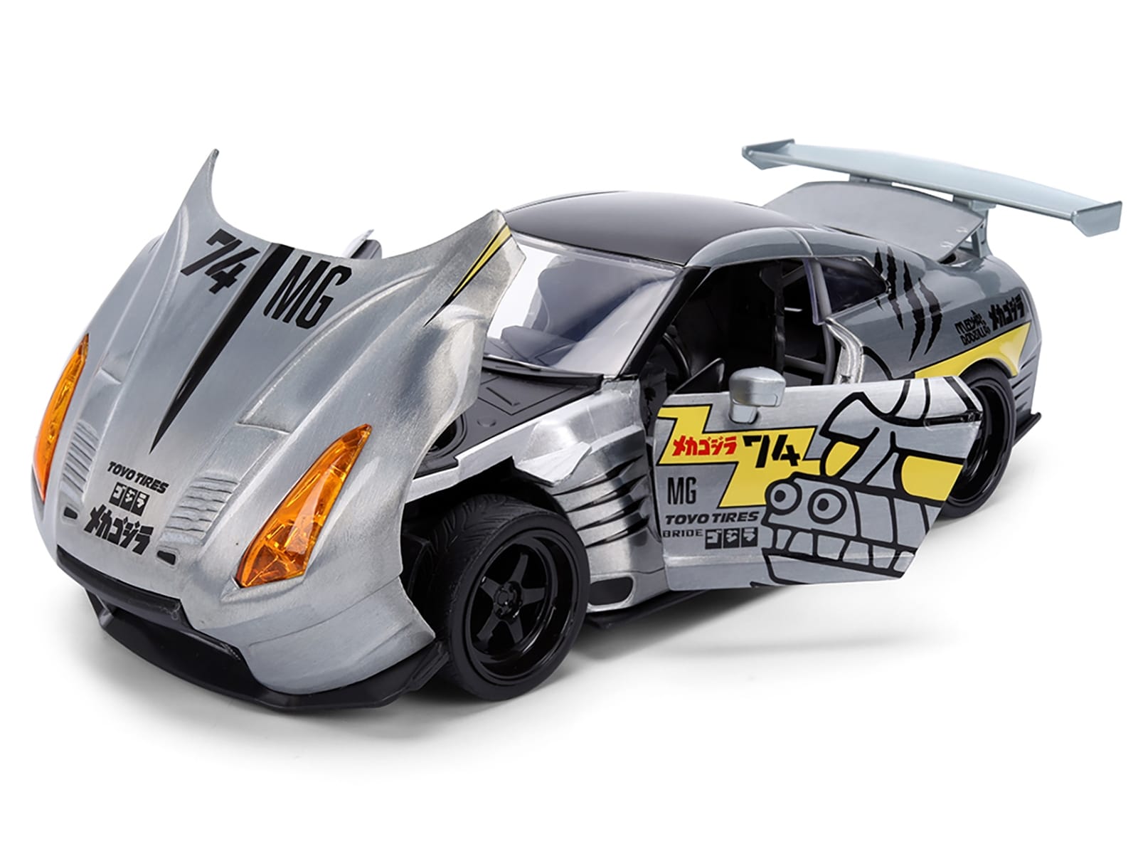 2009 Nissan GT-R (R35) Ben Sopra Brushed Metal with Black Top and Graphics and Mechagodzilla Diecast Figure "Godzilla" Franchise "Anime Hollywood Rides" Series 1/24 Diecast Model by Jada - Image 2