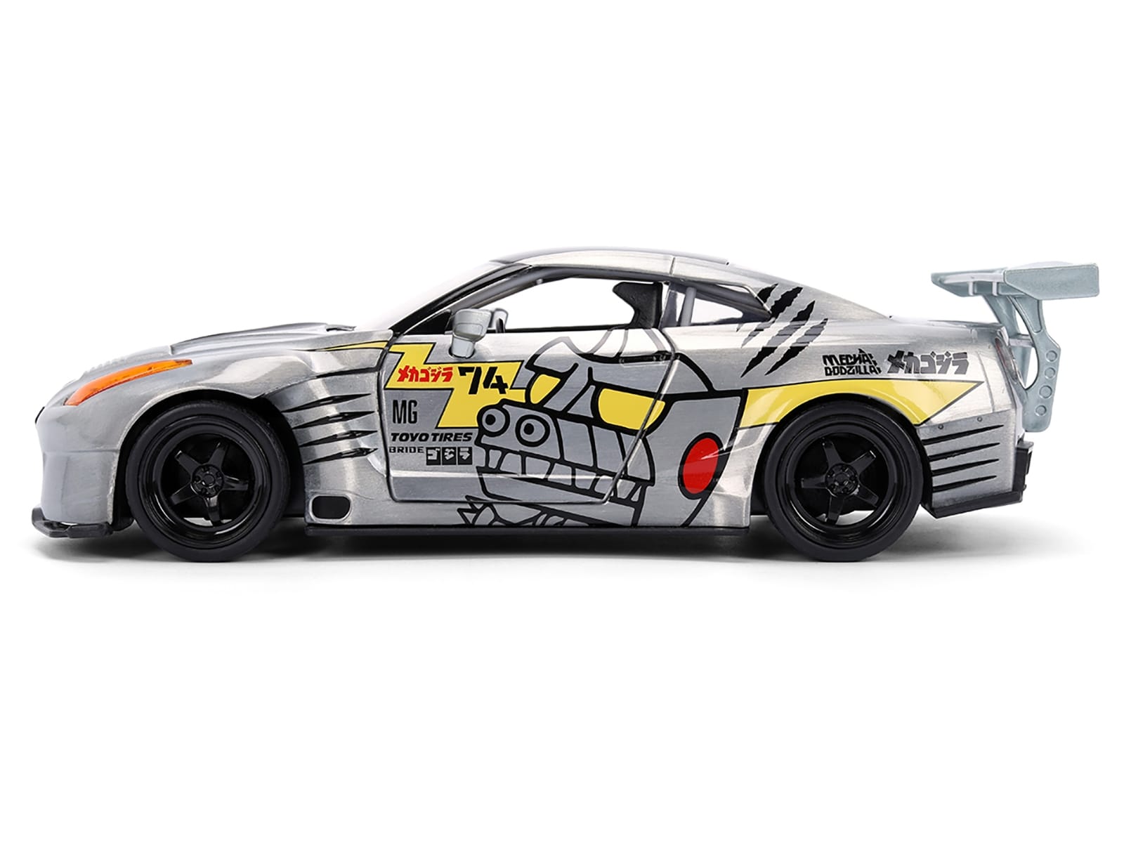 2009 Nissan GT-R (R35) Ben Sopra Brushed Metal with Black Top and Graphics and Mechagodzilla Diecast Figure "Godzilla" Franchise "Anime Hollywood Rides" Series 1/24 Diecast Model by Jada - Image 3